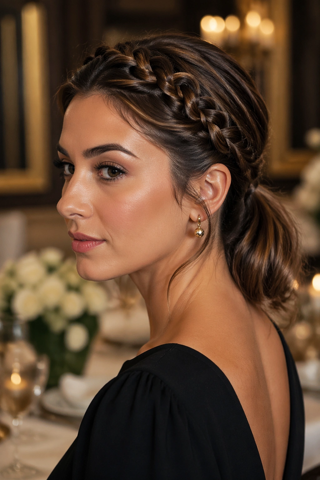 Portrait of a woman with a braided crown and ponytail
