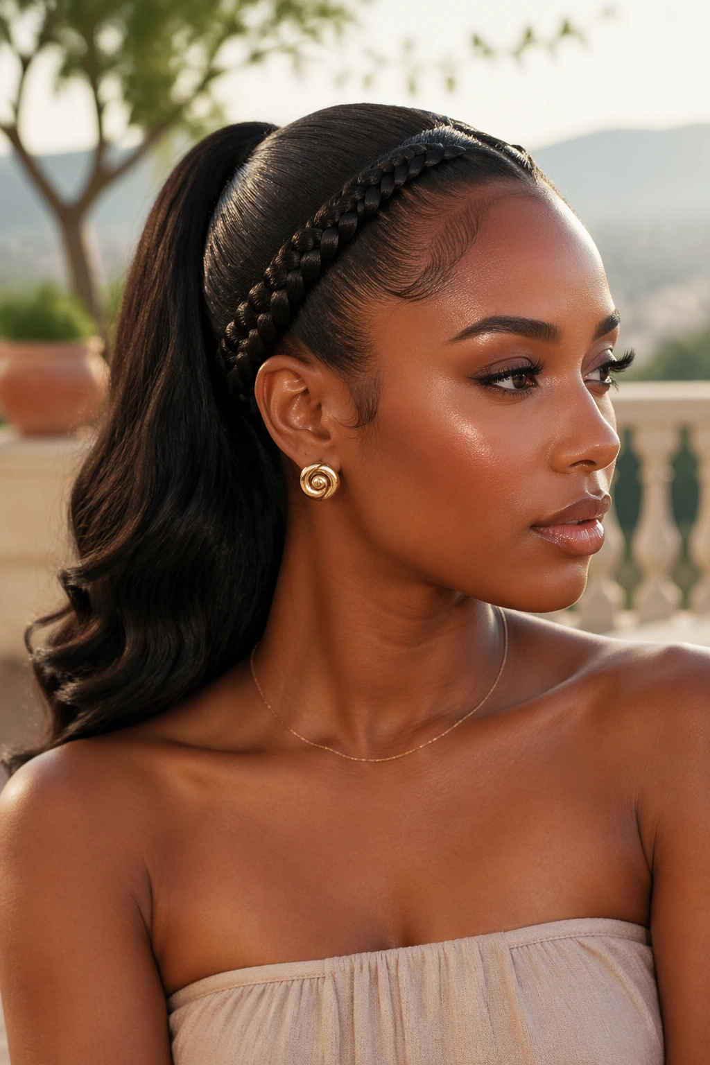 Real woman with a braided crown ponytail framing the face
