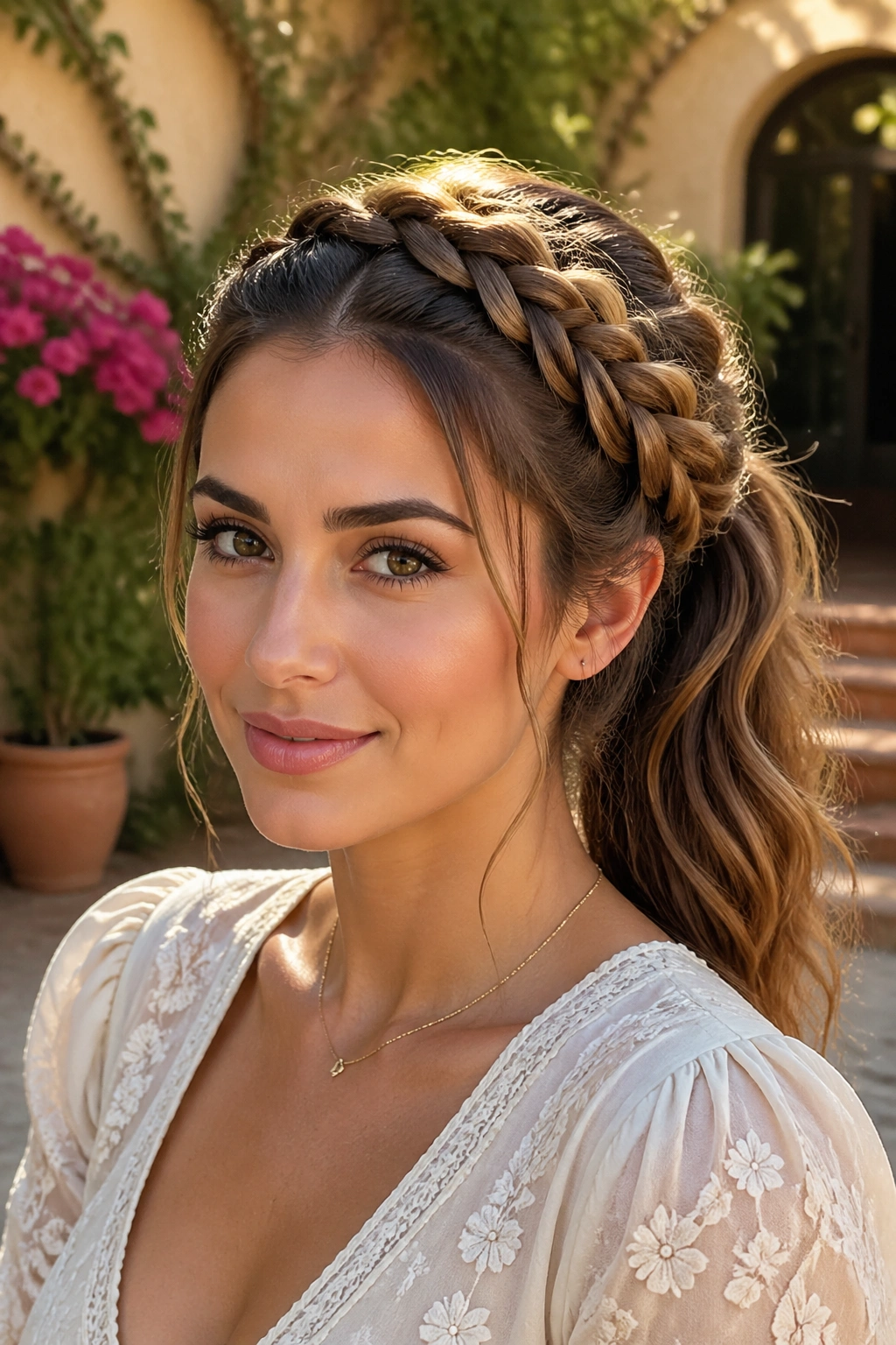 Close-up of a woman with a braided crown leading to a ponytail.