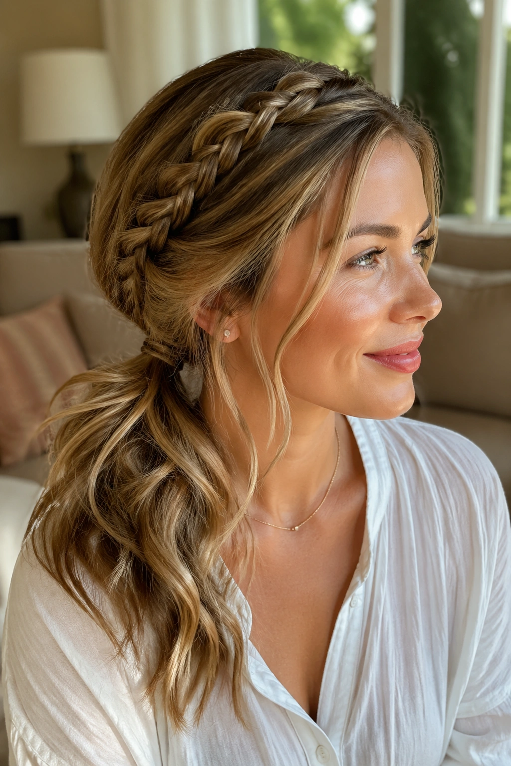 Close-up of a real woman with a crown braid integrated into a side ponytail