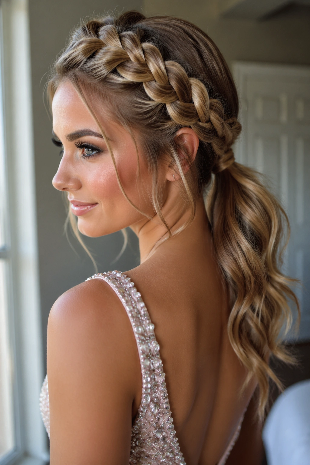 Close-up of a real woman with Braided Crown Ponytail showing crown braids