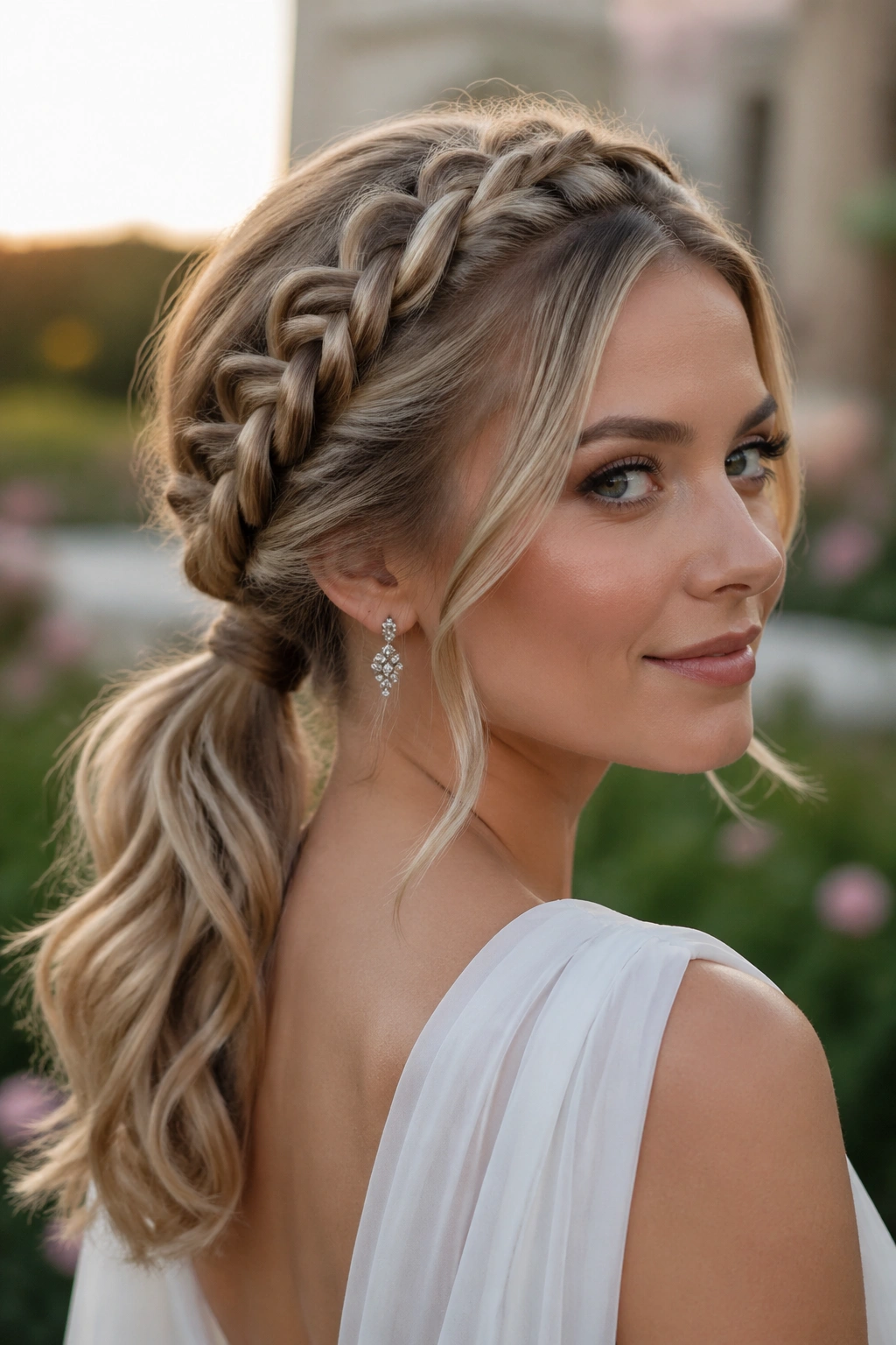 Close-up of a real woman with braided crown and ponytail.