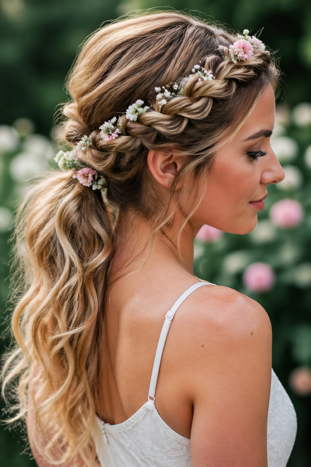 Close-up of a crown braid merging into a ponytail with blossoms along the braid