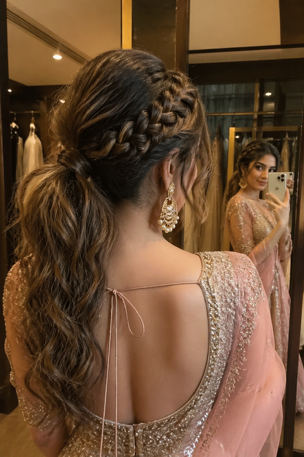Over-the-shoulder mirror shot of braided crown ponytail