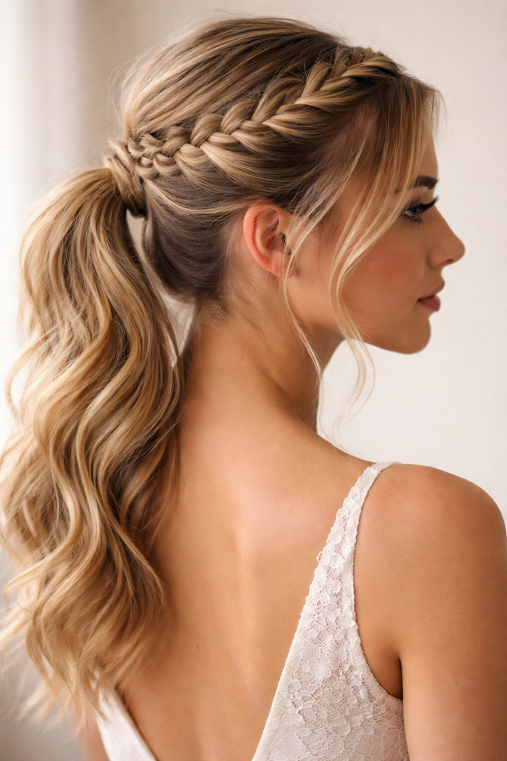 Close-up of braided crown ponytail with a small Dutch braid forming a crown and a loose wavy tail.