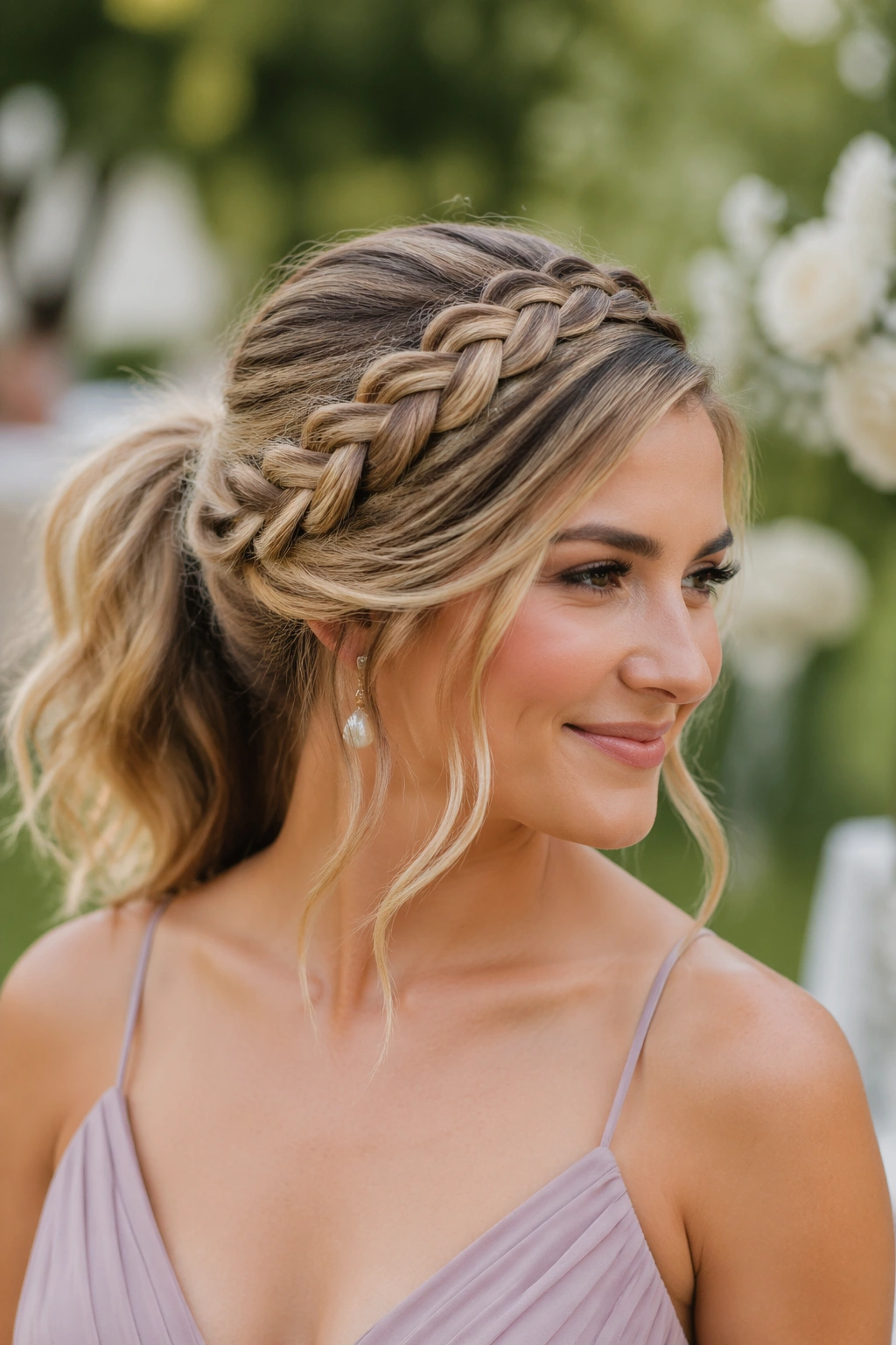 Bridesmaid with braided crown ponytail in outdoor wedding