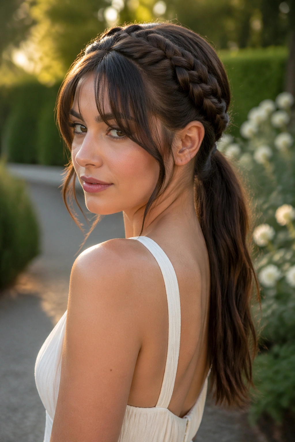 Real woman with braided crown feeding into a ponytail and curtain bangs in golden hour light