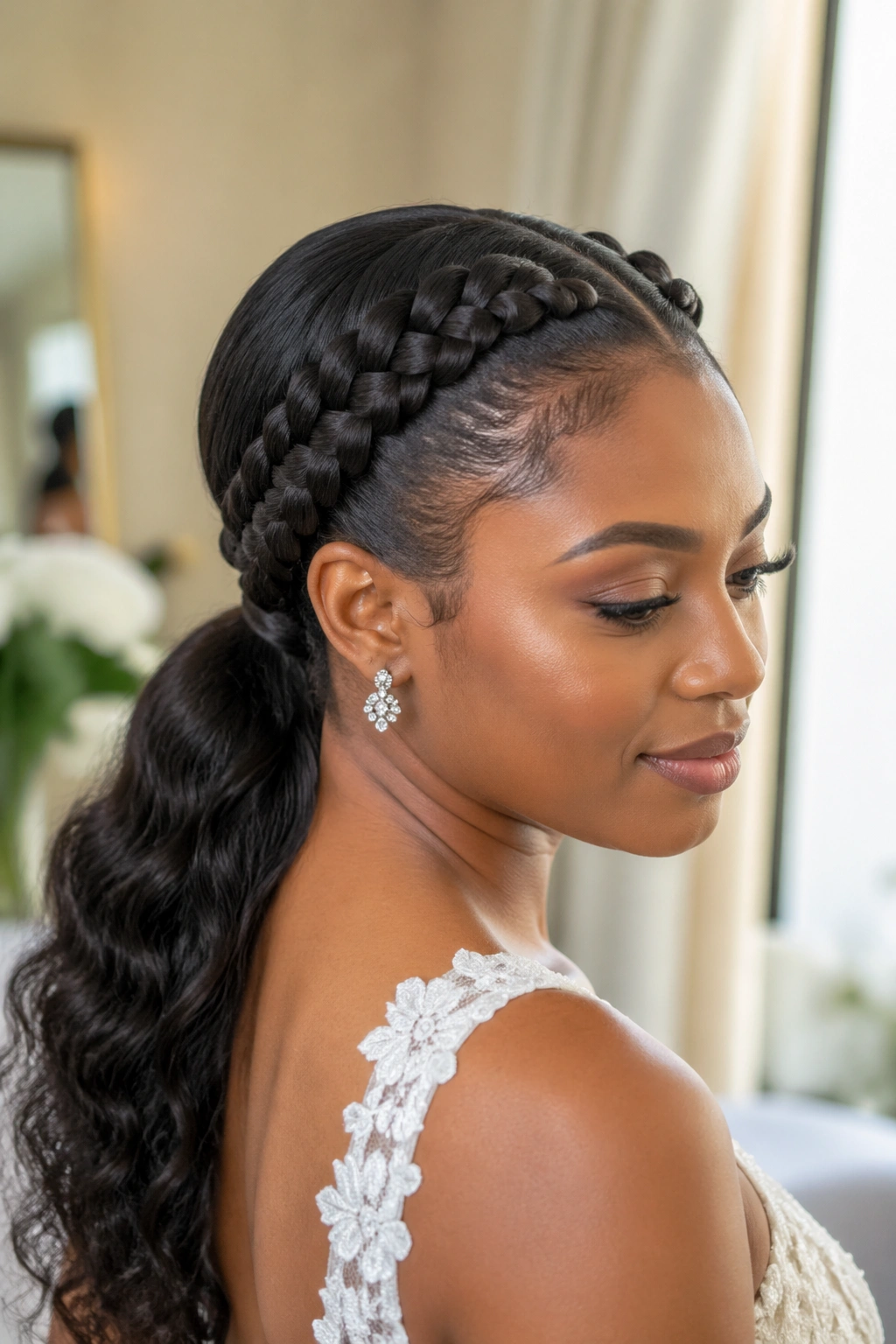 Close-up of a real woman with a braided crown framing a center ponytail in a wedding-like setting