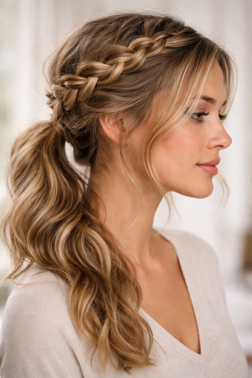 Side-profile of braided crown merging into a ponytail