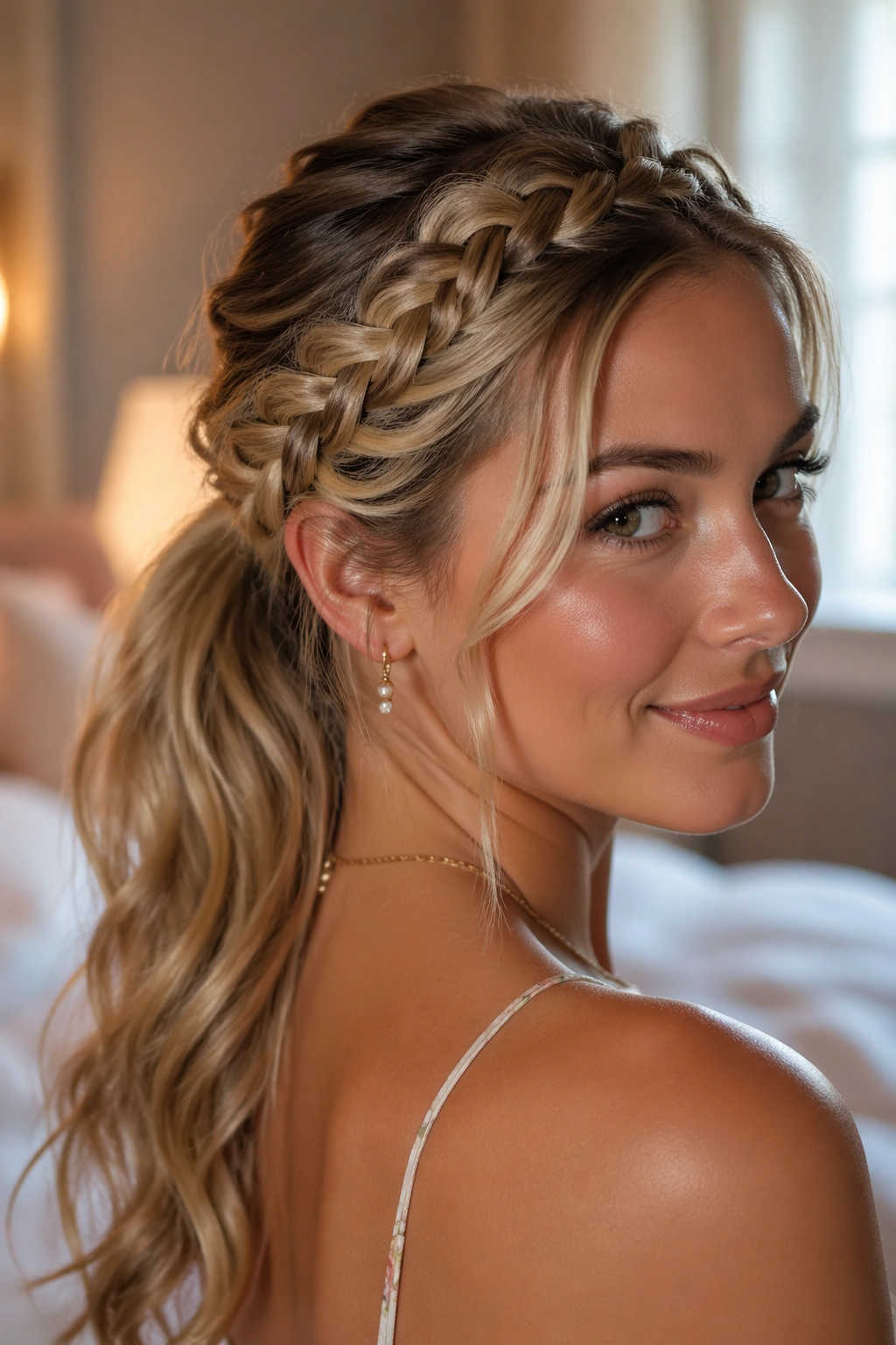 Close-up of a real woman wearing a braided crown along the hairline that blends into a ponytail, framing the face.