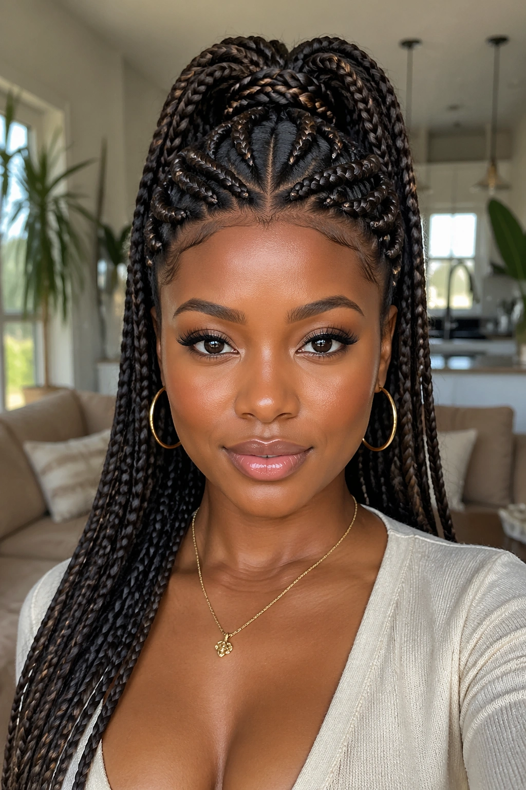 Front portrait of a real Black woman with a braided crown framing a high ponytail.