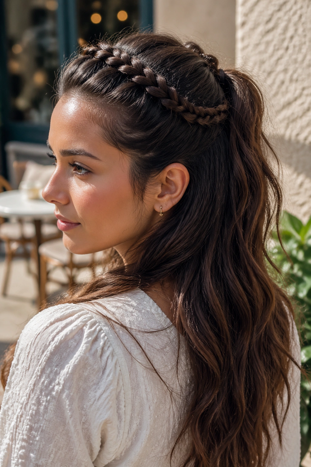 Real woman with braided crown half up ponytail, two side braids feeding into a soft ponytail