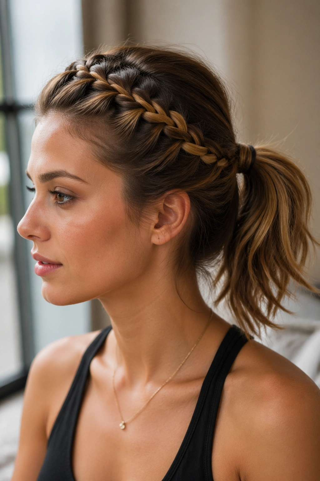 Close-up of a real woman with a braided crown along the hairline flowing into a ponytail.