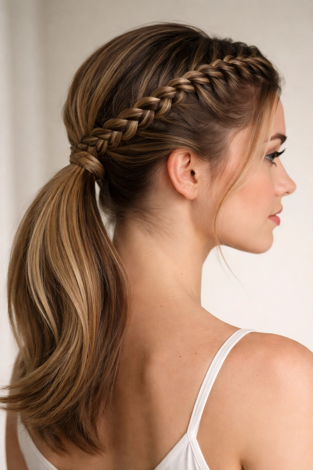 Braided crown stitch braids forming a low ponytail at the nape
