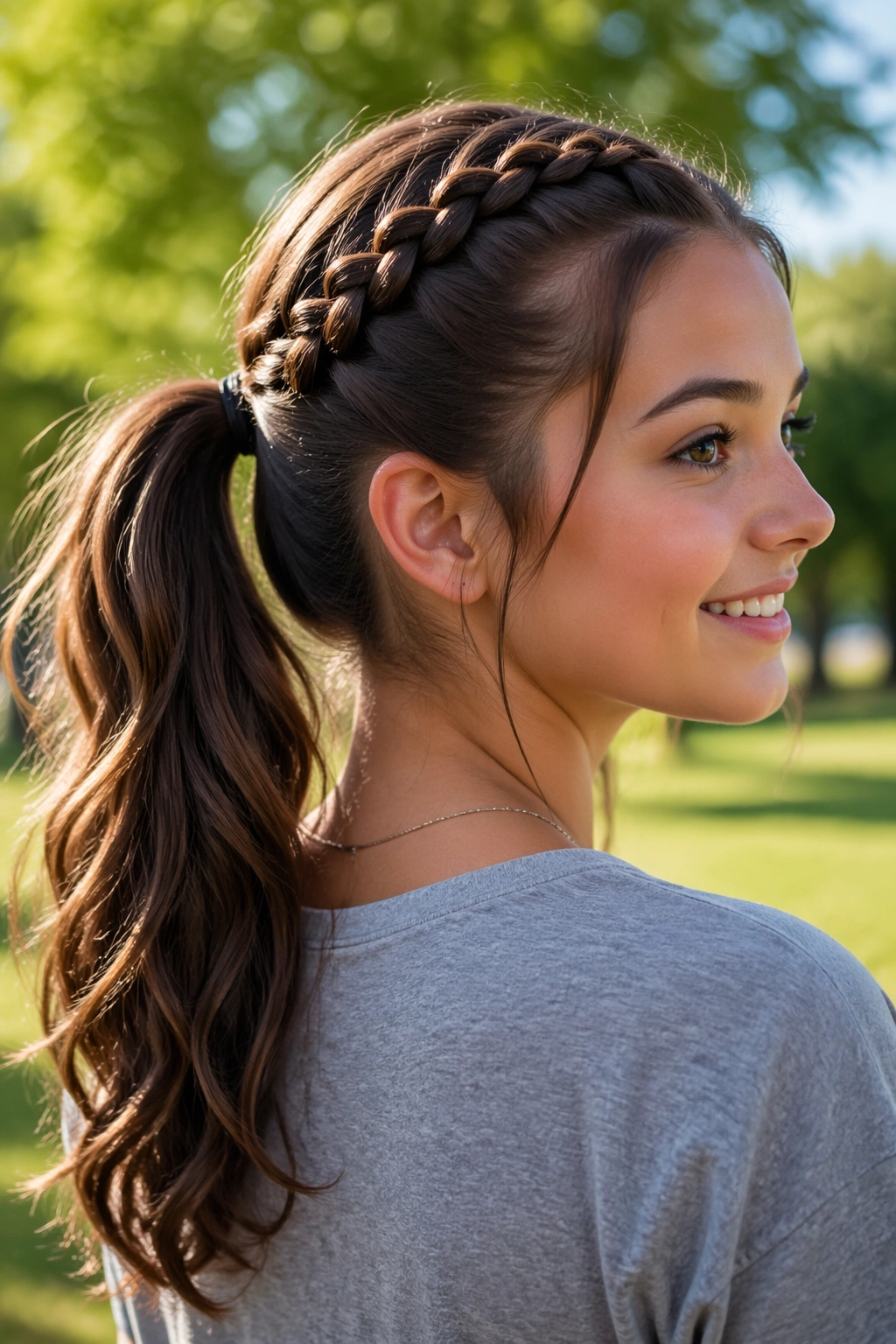 Three-quarter view of a teen girl with a braided crown and ponytail outdoors