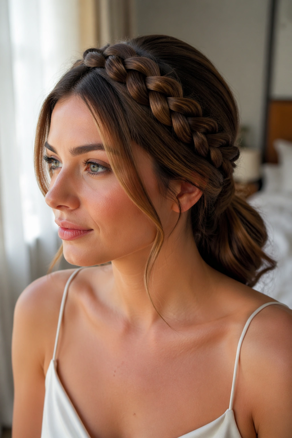 Close-up of a real woman with a braided crown framing a low ponytail
