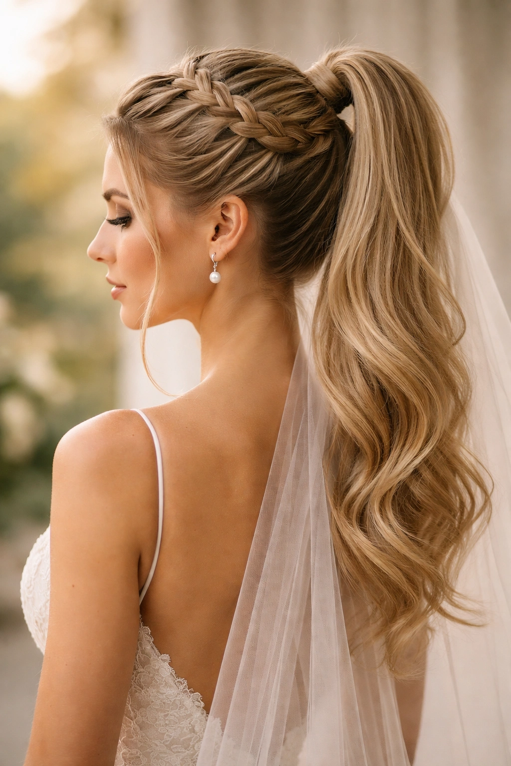 Close-up of a real bride with braided crown high ponytail