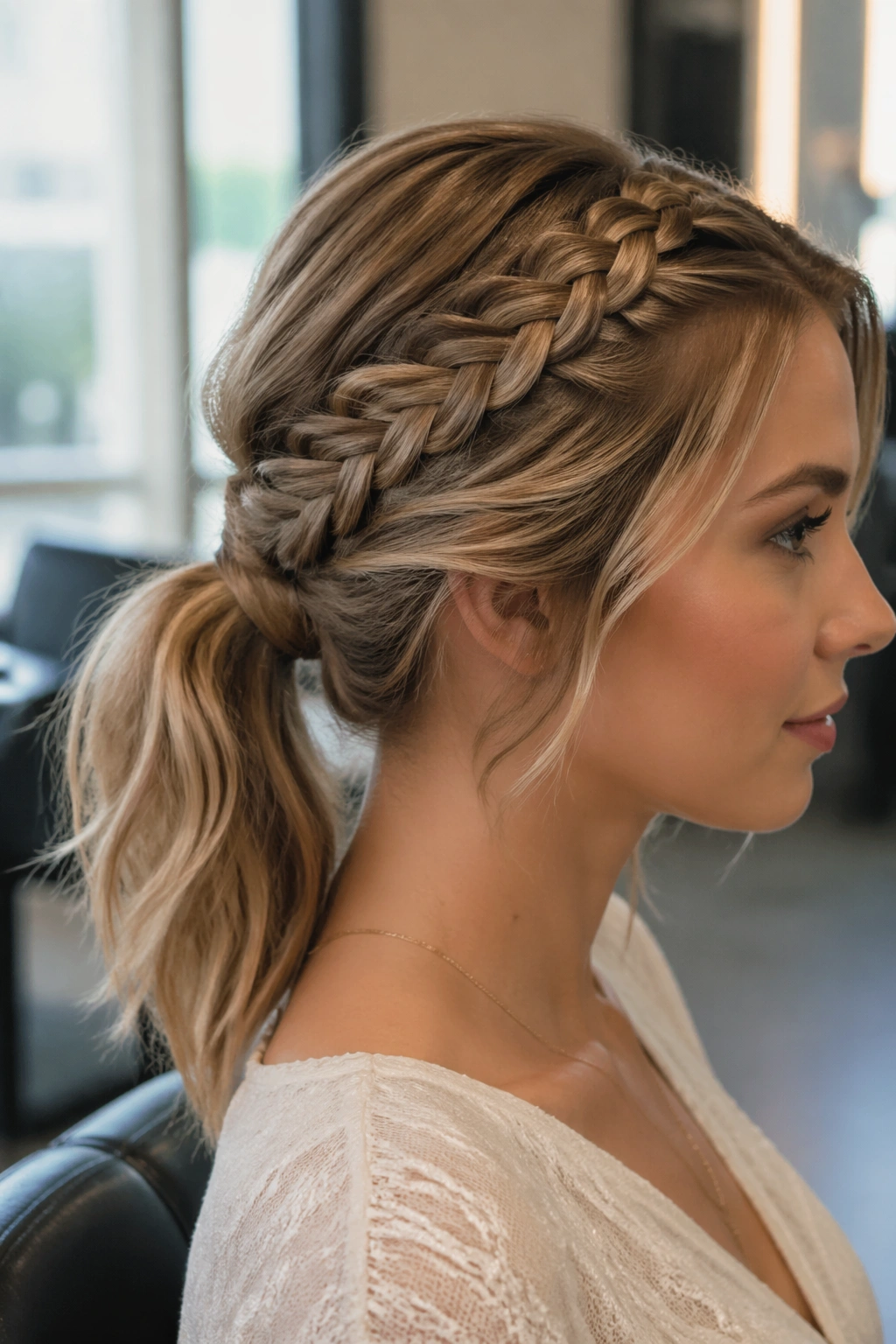 Real bride with braided crown flowing into a low ponytail