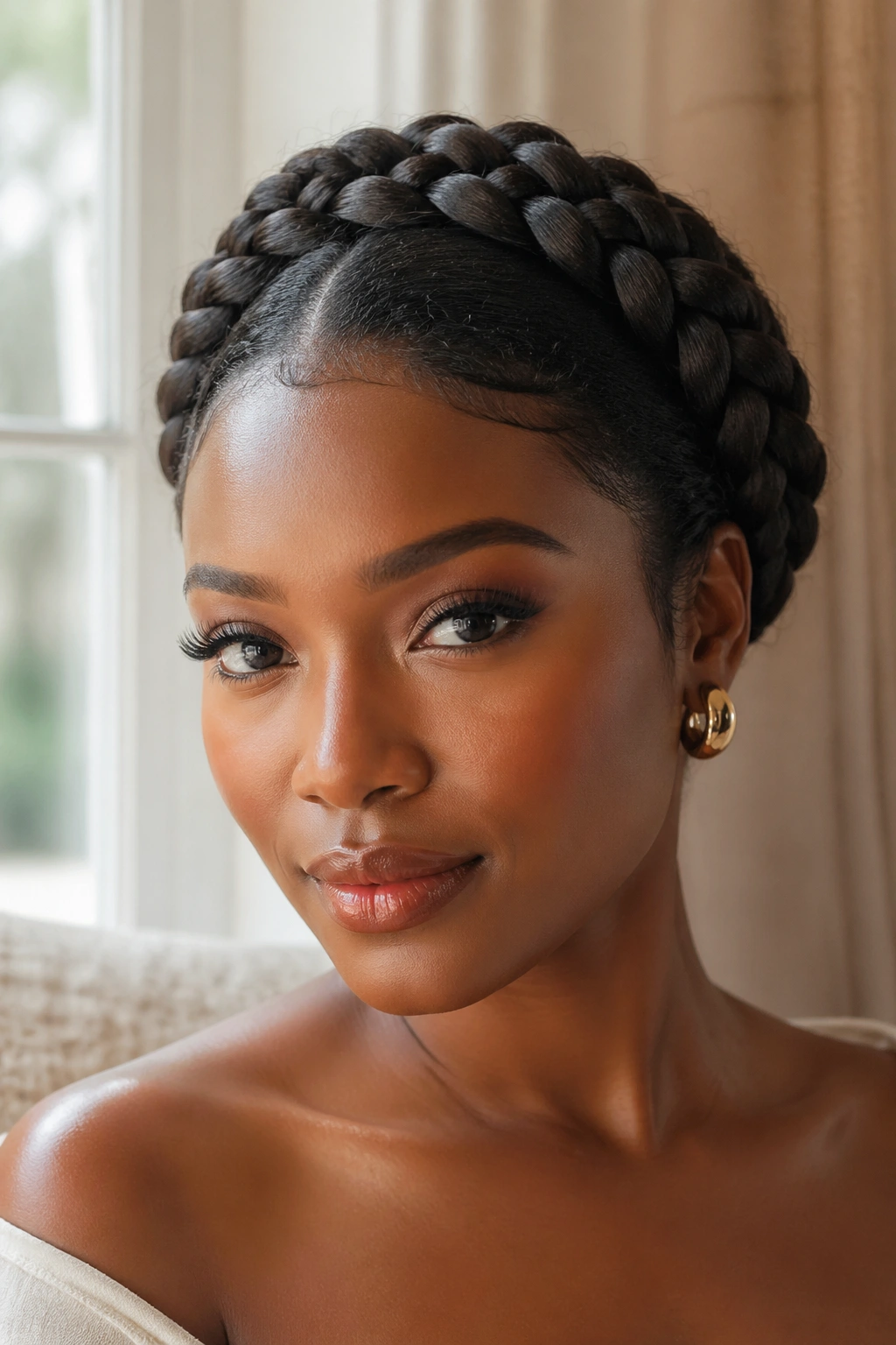 Close-up portrait of a Black woman wearing a braided crown