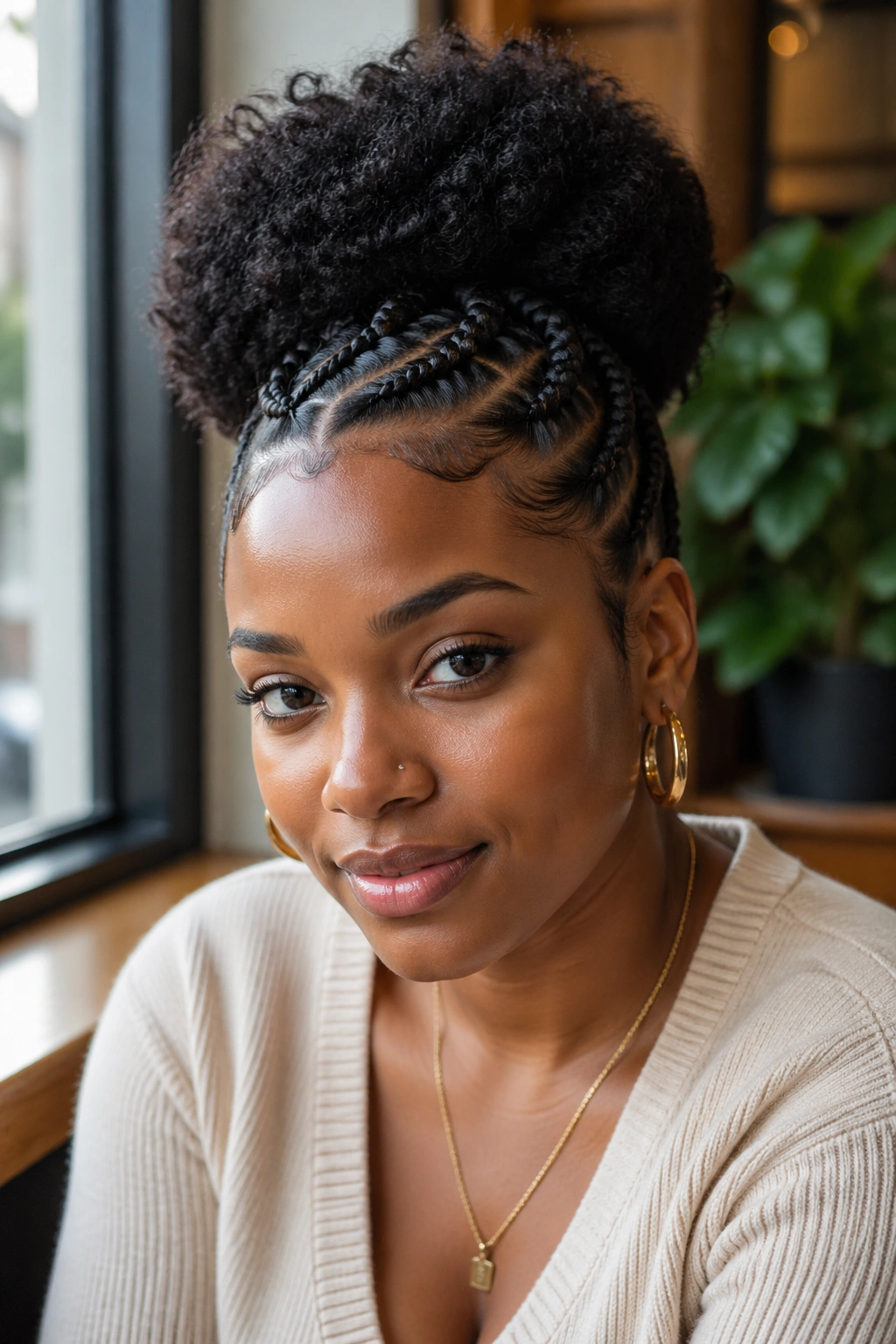 Portrait of a woman with braided crown and high puff