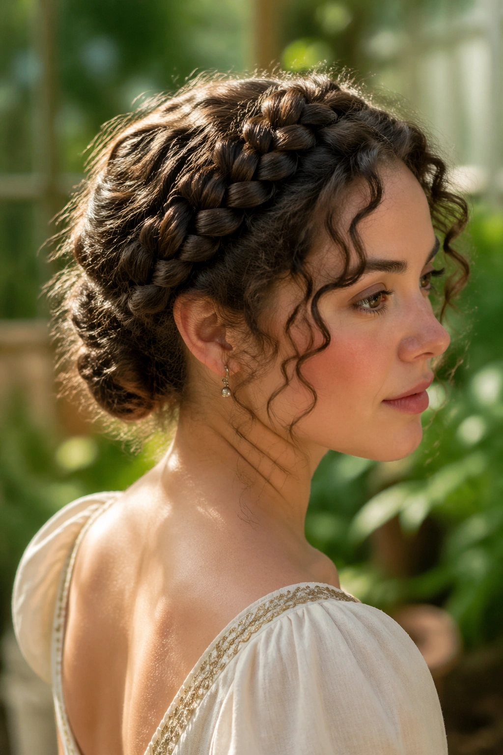 Portrait of a real woman with a braided crown and tucked nape coil.