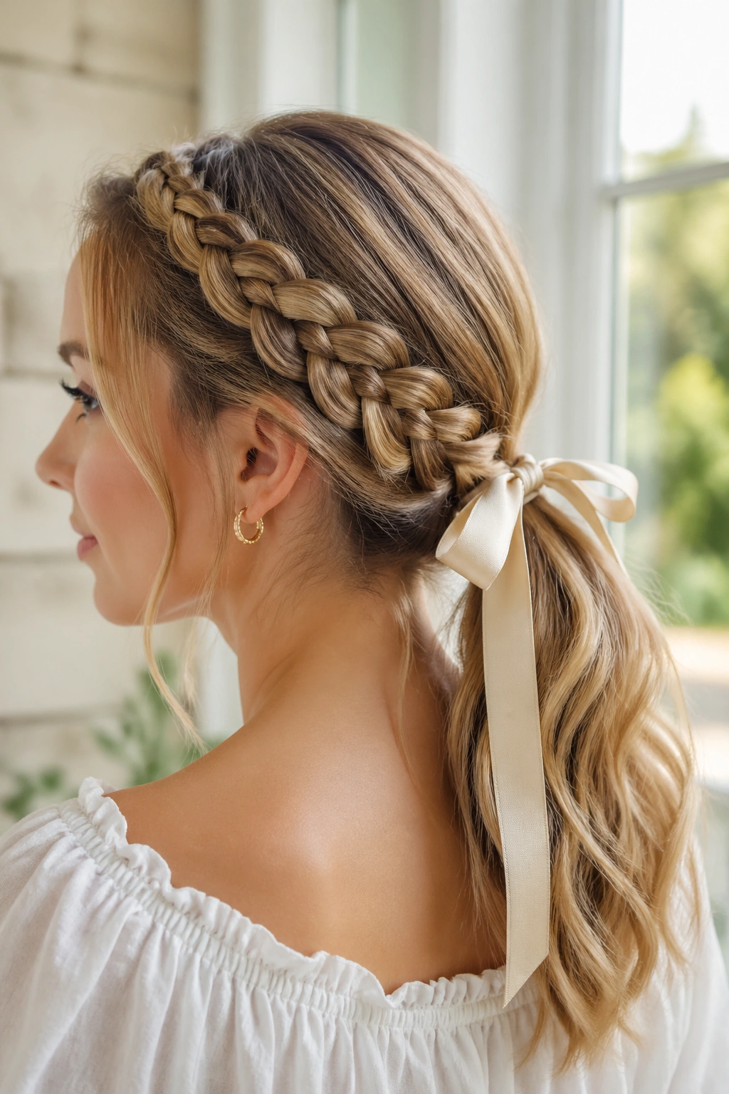 Portrait of a woman wearing a braided crown that leads into a ribbon-tied low ponytail