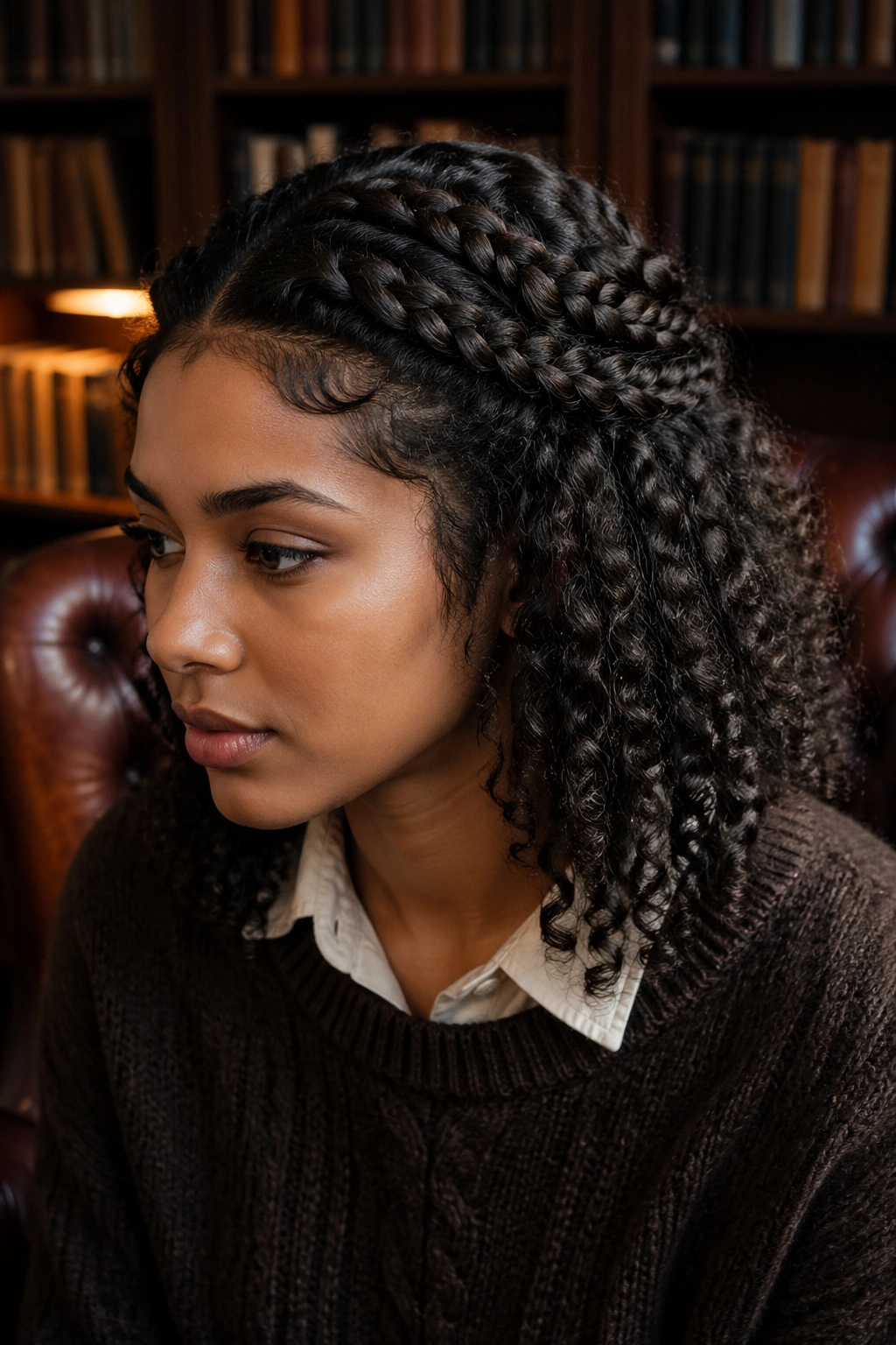 Portrait of woman wearing braided crown on stretched curls in library setting