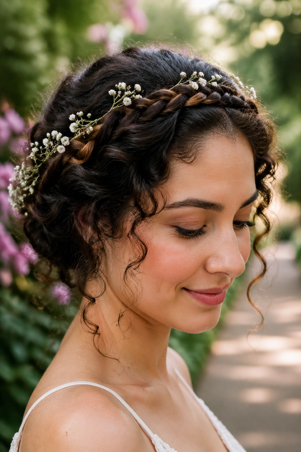 Portrait of a person wearing a braided crown with small flowers outdoors.