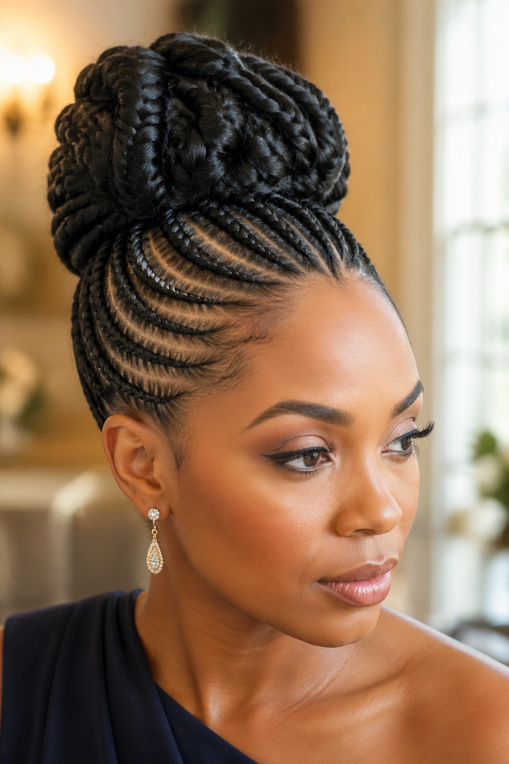 Close-up of a real woman wearing a braided crown updo with cornrows