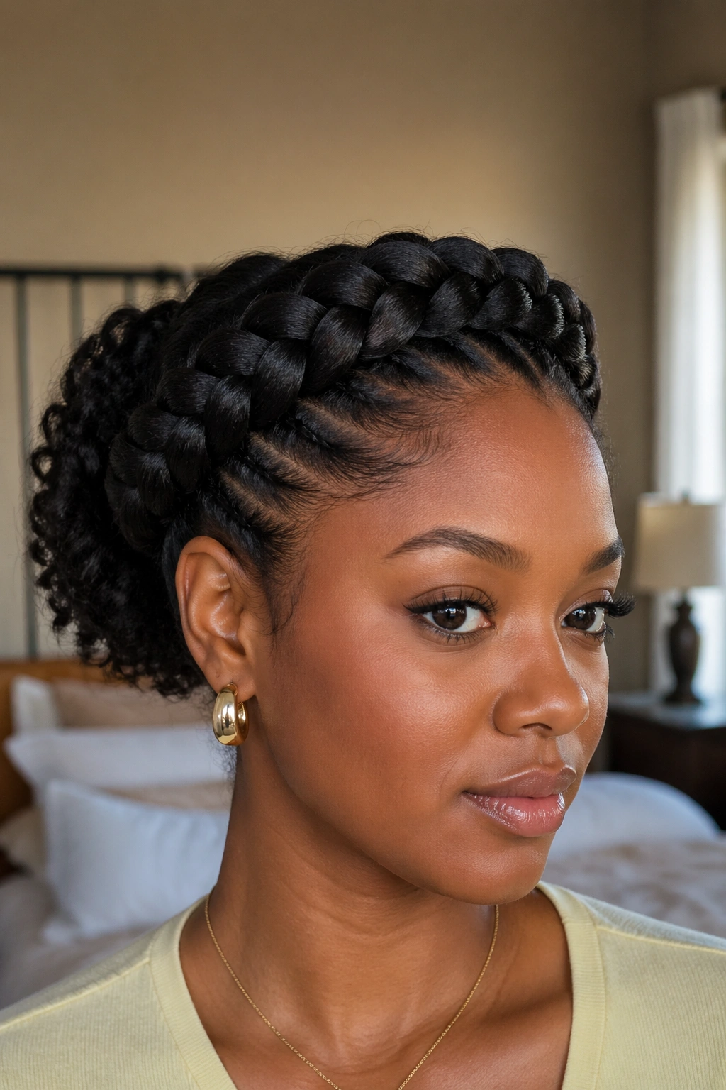 Close-up portrait of a woman wearing a braided crown updo with a soft puff at the back, natural window light