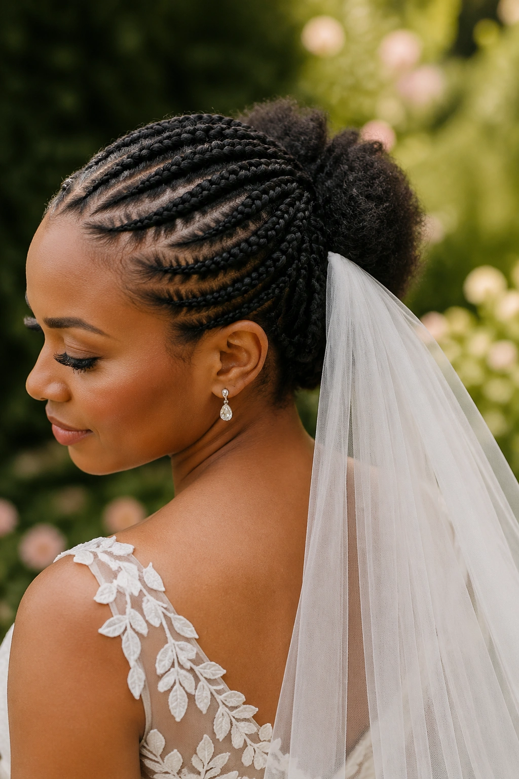 Bride with braided crown and long veil, close-up outdoors