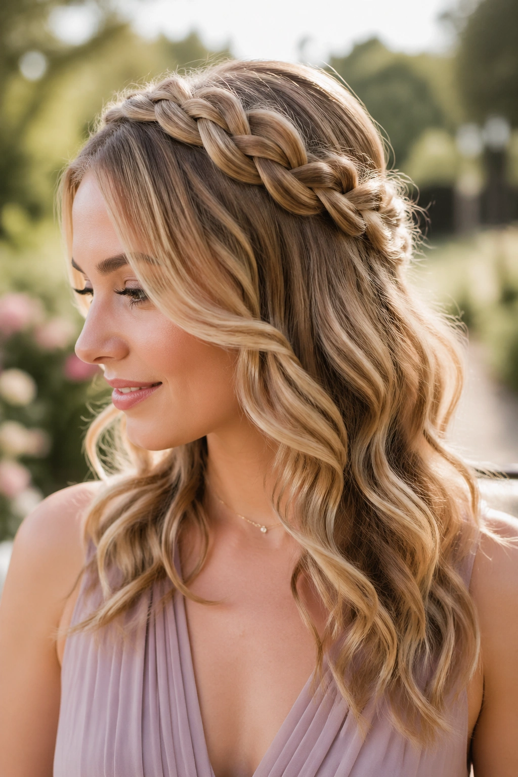 Real woman with braided crown and flowing waves in garden wedding setting
