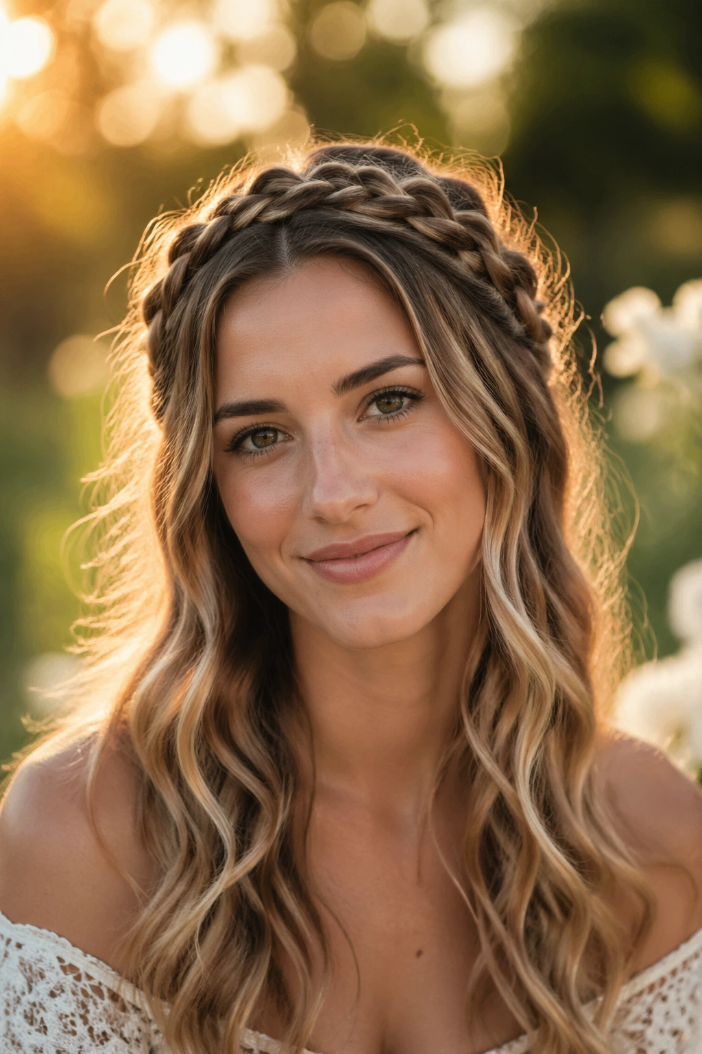 Portrait of a woman with a braided crown and loose waves