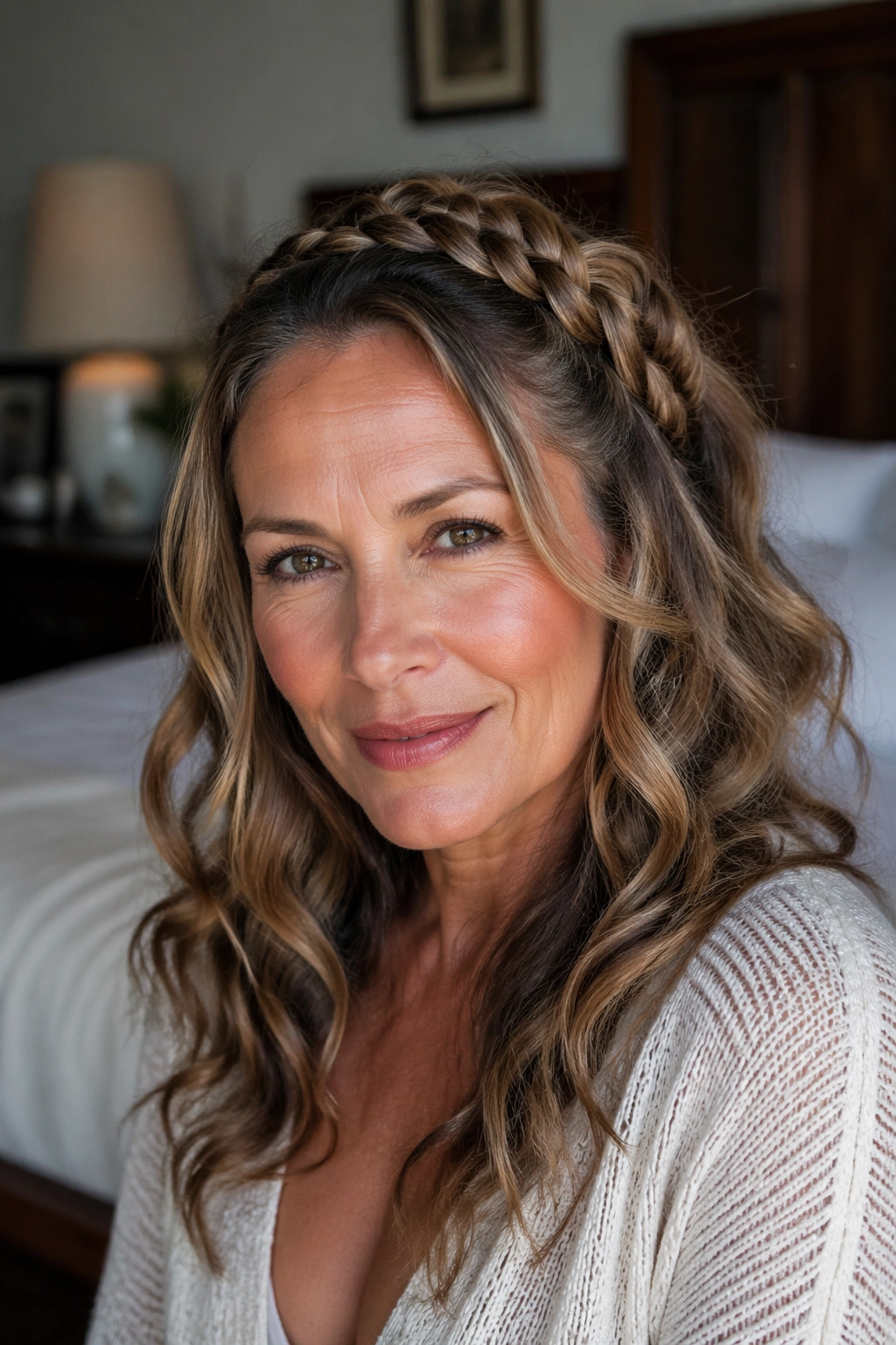 Close-up of a real woman's head showing a braided crown with wavy length.