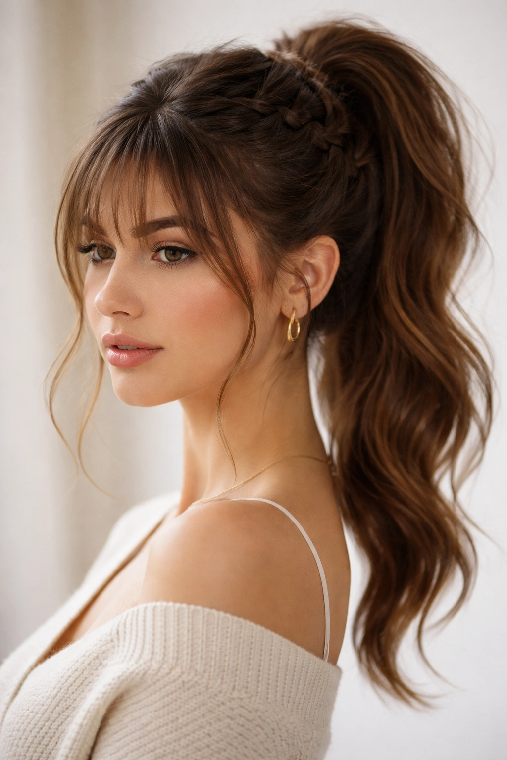 Braided crown ponytail with wispy bangs and soft framing front pieces