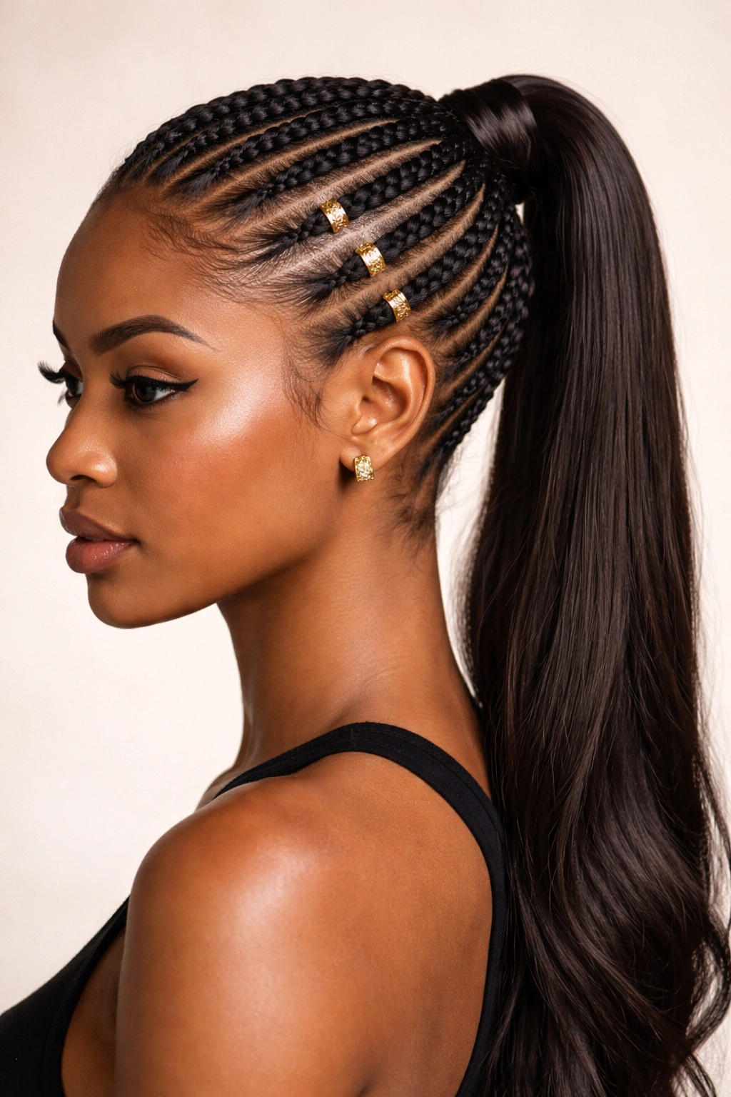 Side cornrows with metallic braided cuffs and side ponytail