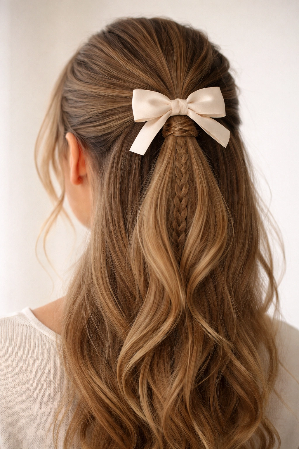 Half up ponytail with braided elastic wrap and bow