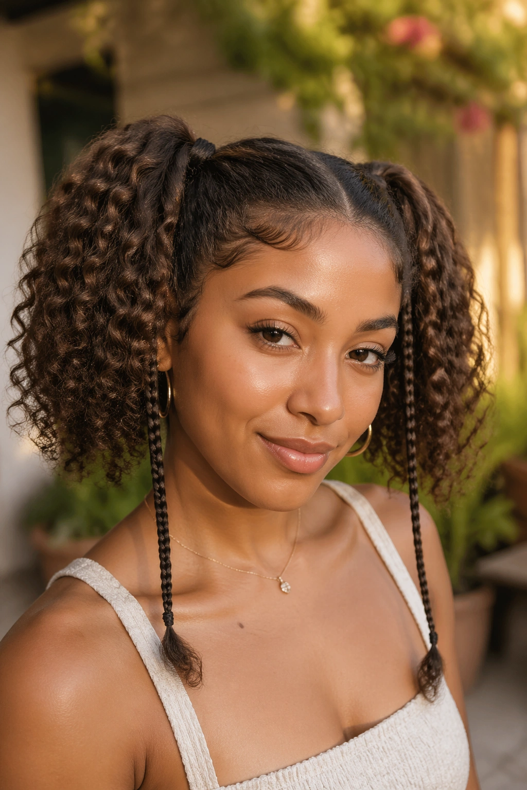 Close-up portrait of a real woman with braided-ends double ponytails in golden hour light