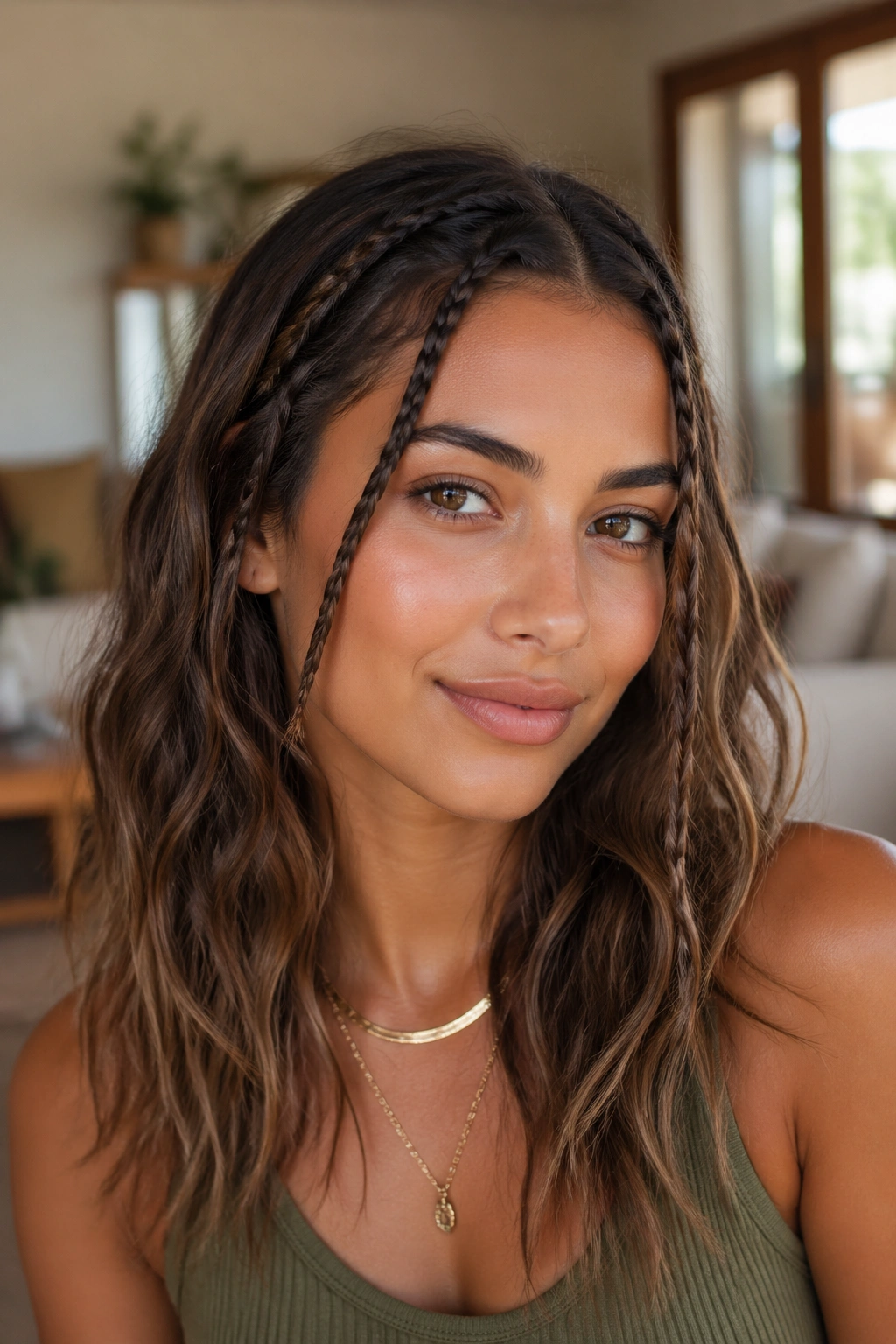 Close-up of a woman with braids at the temples blending into face-frame waves