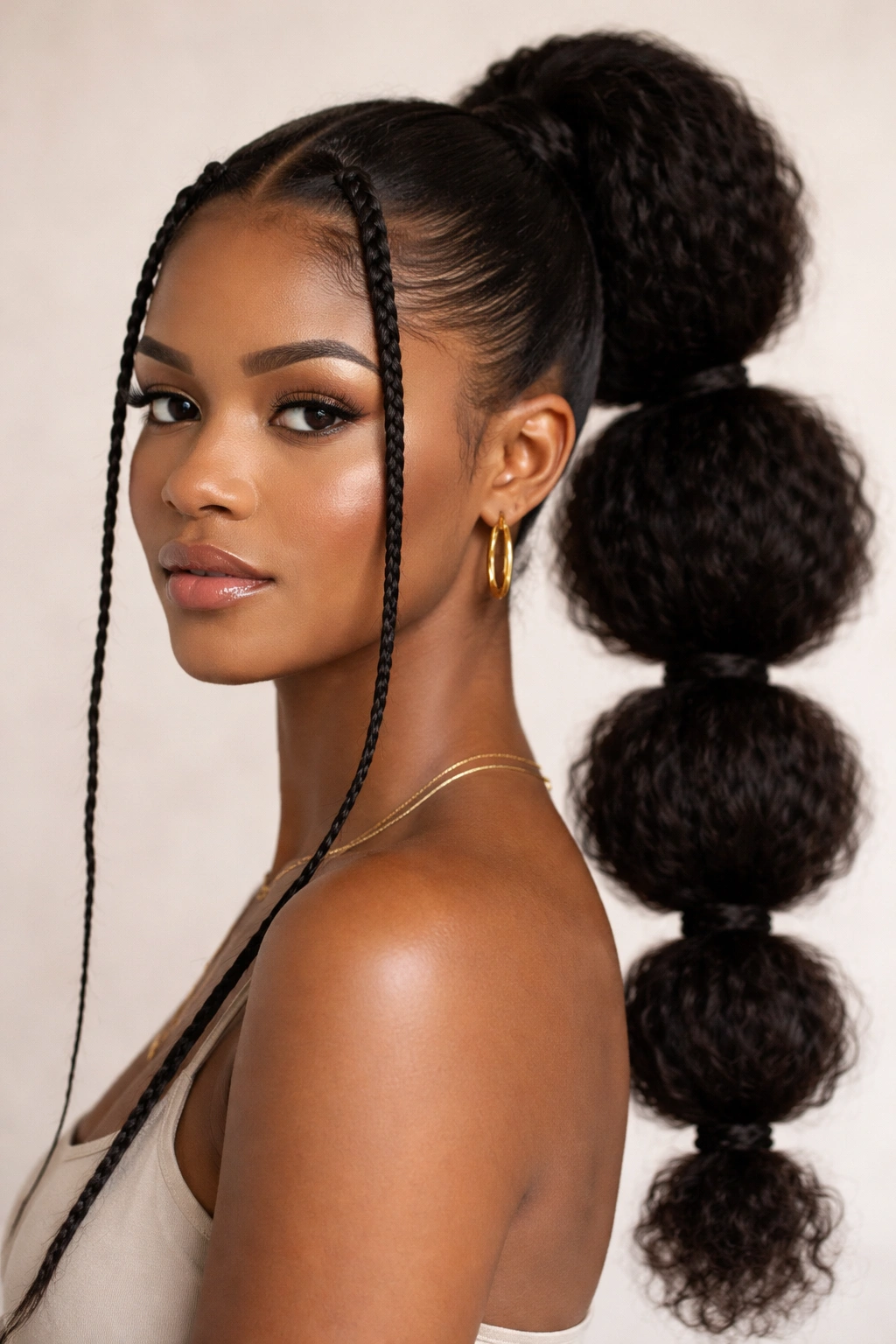 Bubble ponytail with two slim front braids framing the face and bubble ponytail behind.