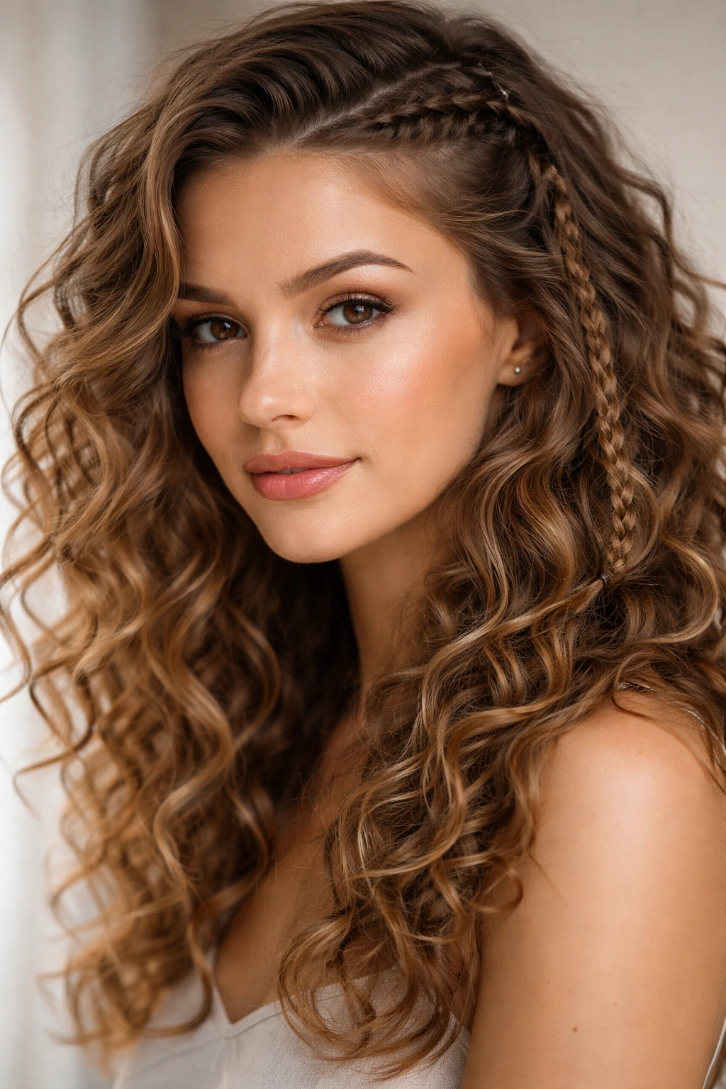 Braided front accent with loose curls framing the face