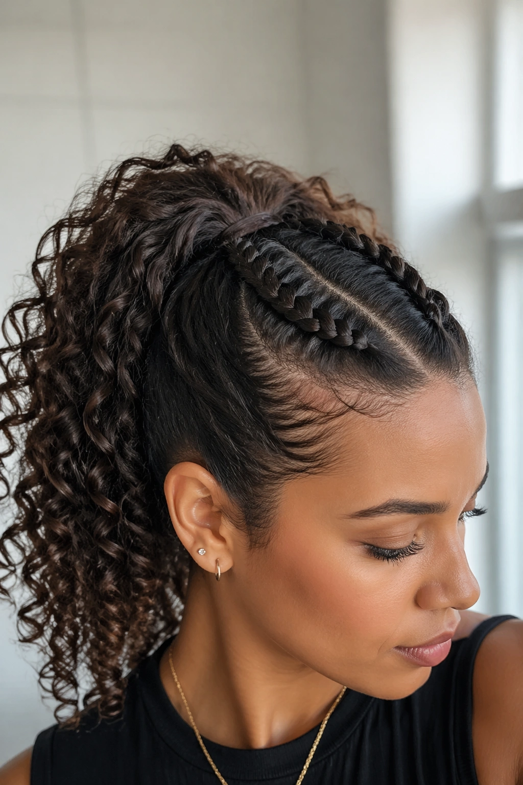 Close-up of a real woman with two front braids joining a curly ponytail.