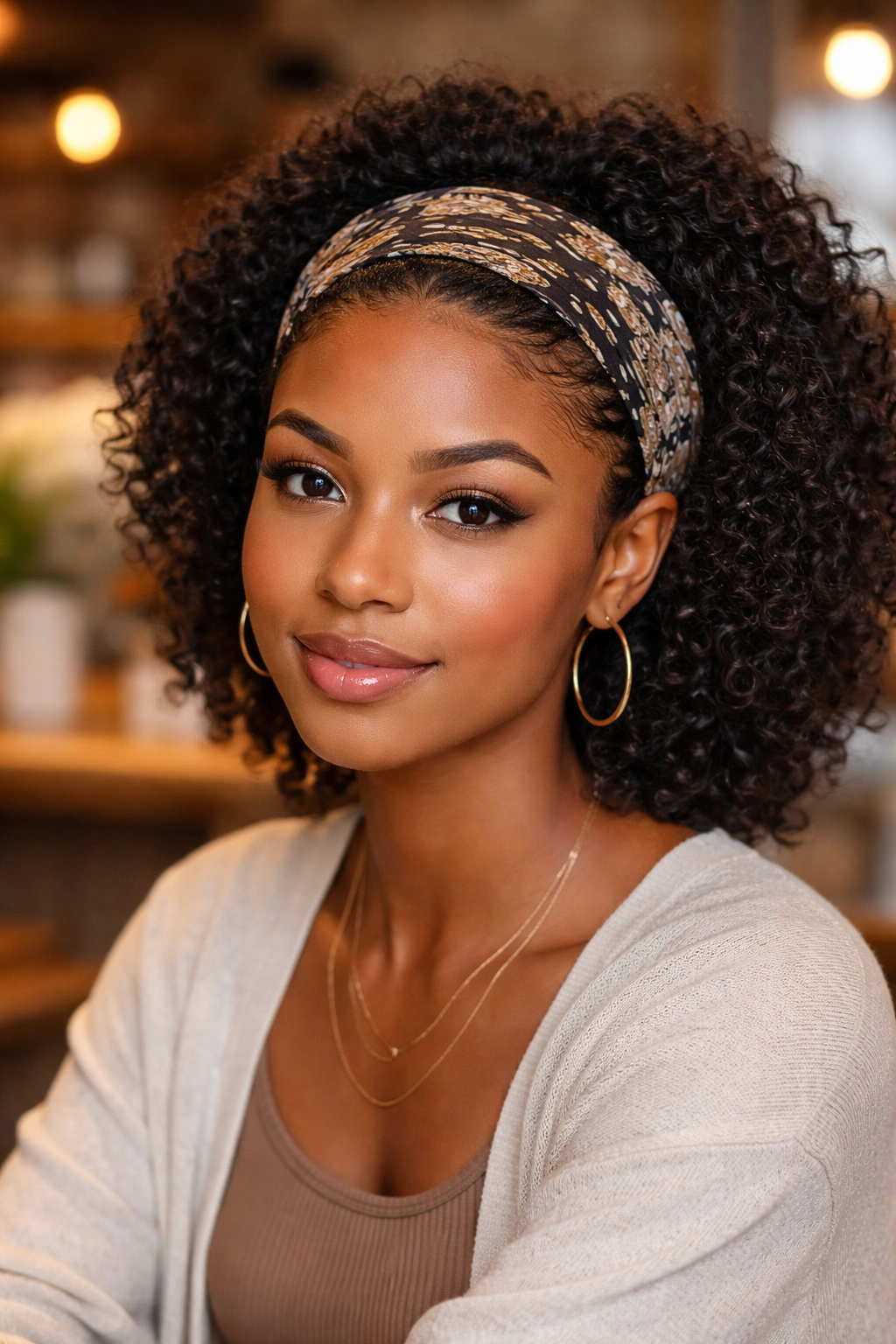 Close-up portrait of a real person with a braided front peeking under the headband