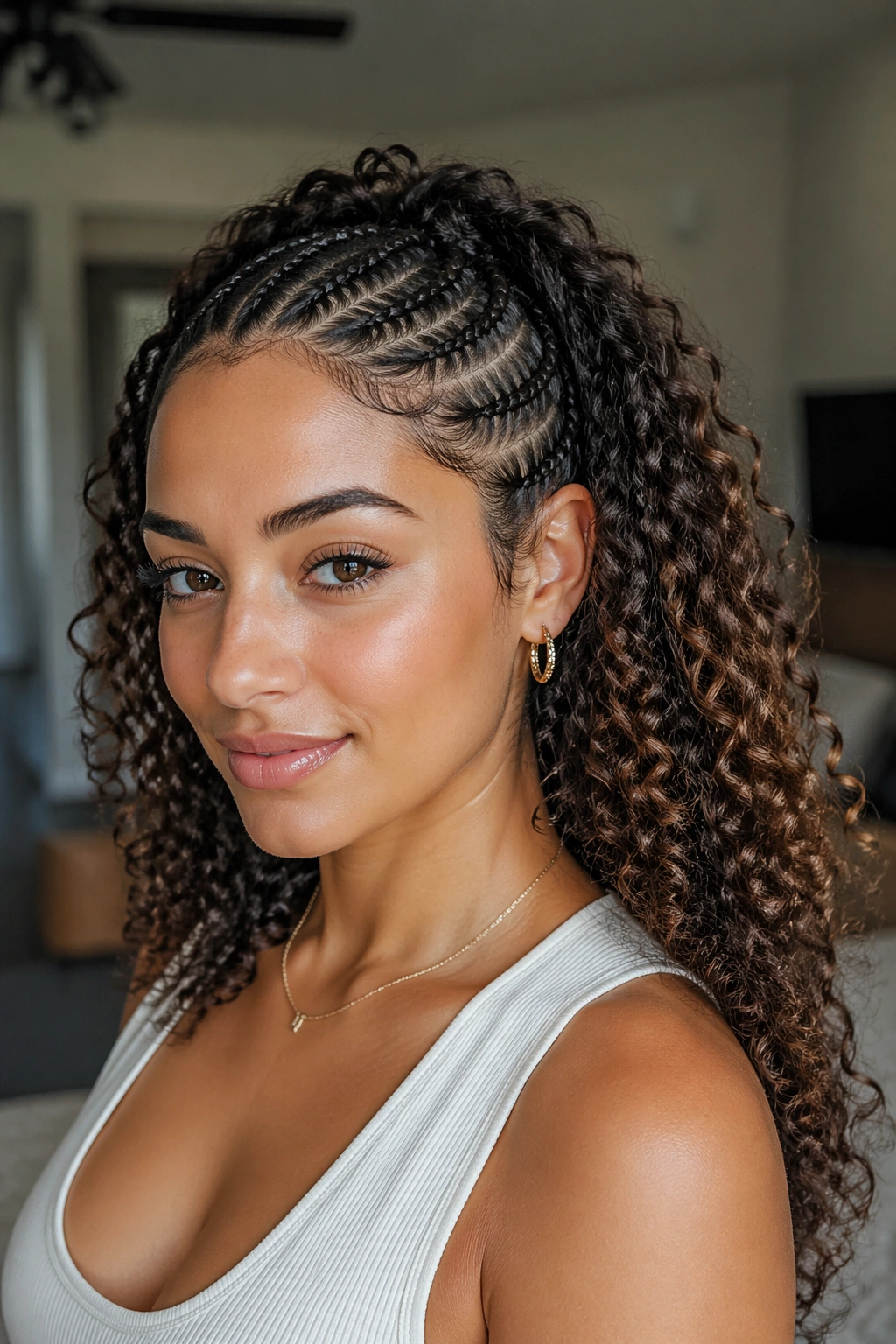 Real person with braided front sections and loose back curls