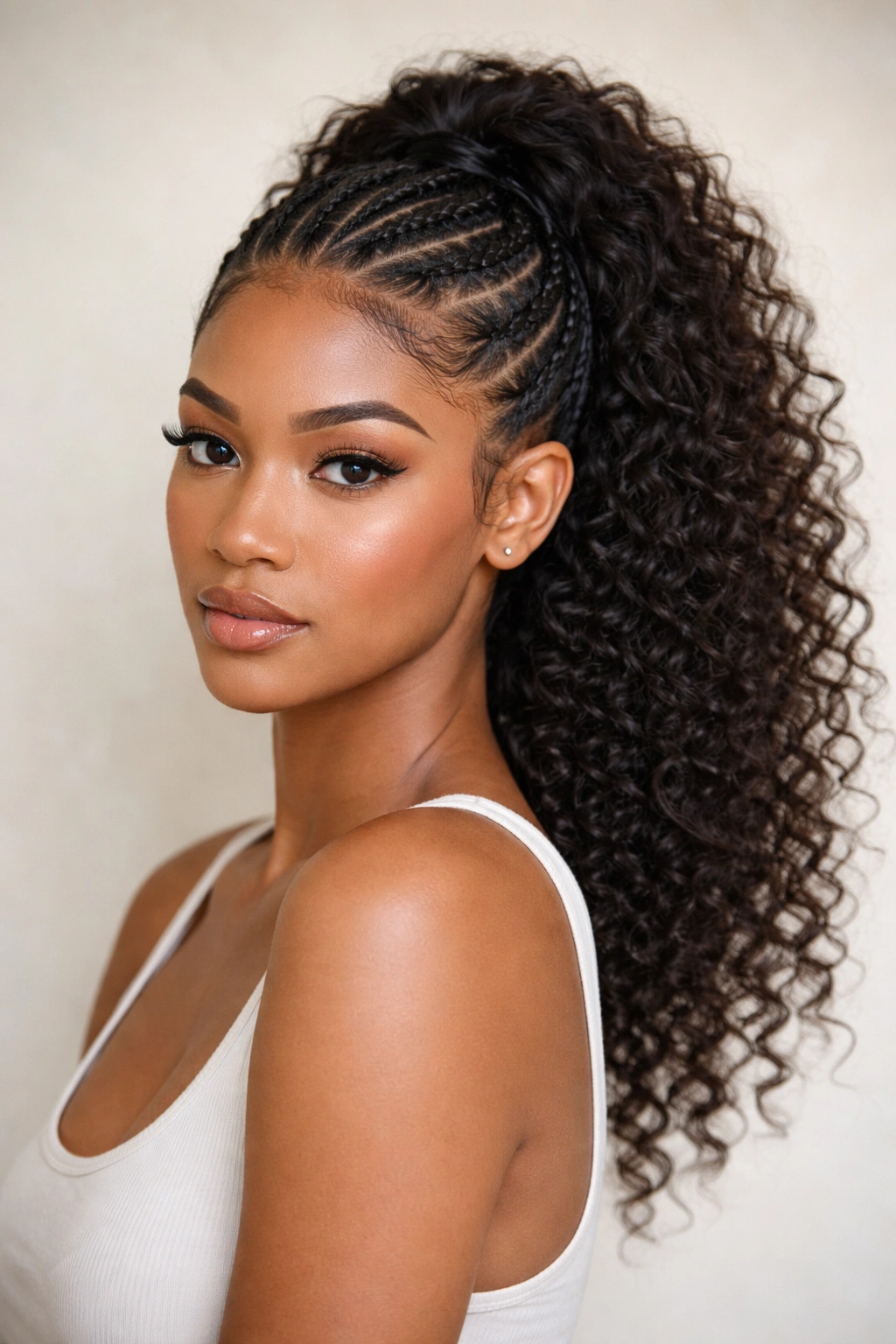 Curly ponytail with slim front braids framing the face and defined tail.