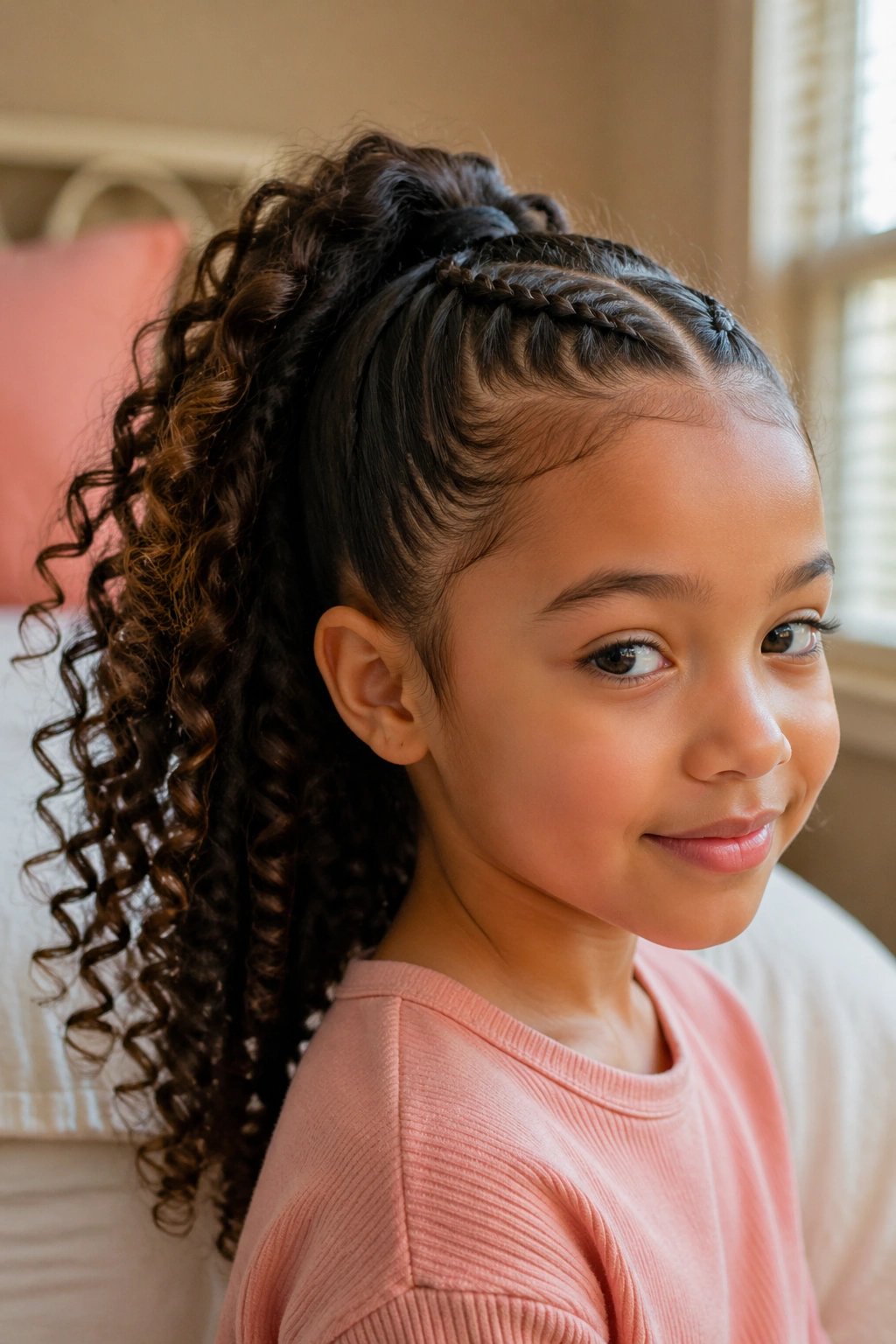 Close-up of a real young girl with braided-front ponytail in a cozy bedroom
