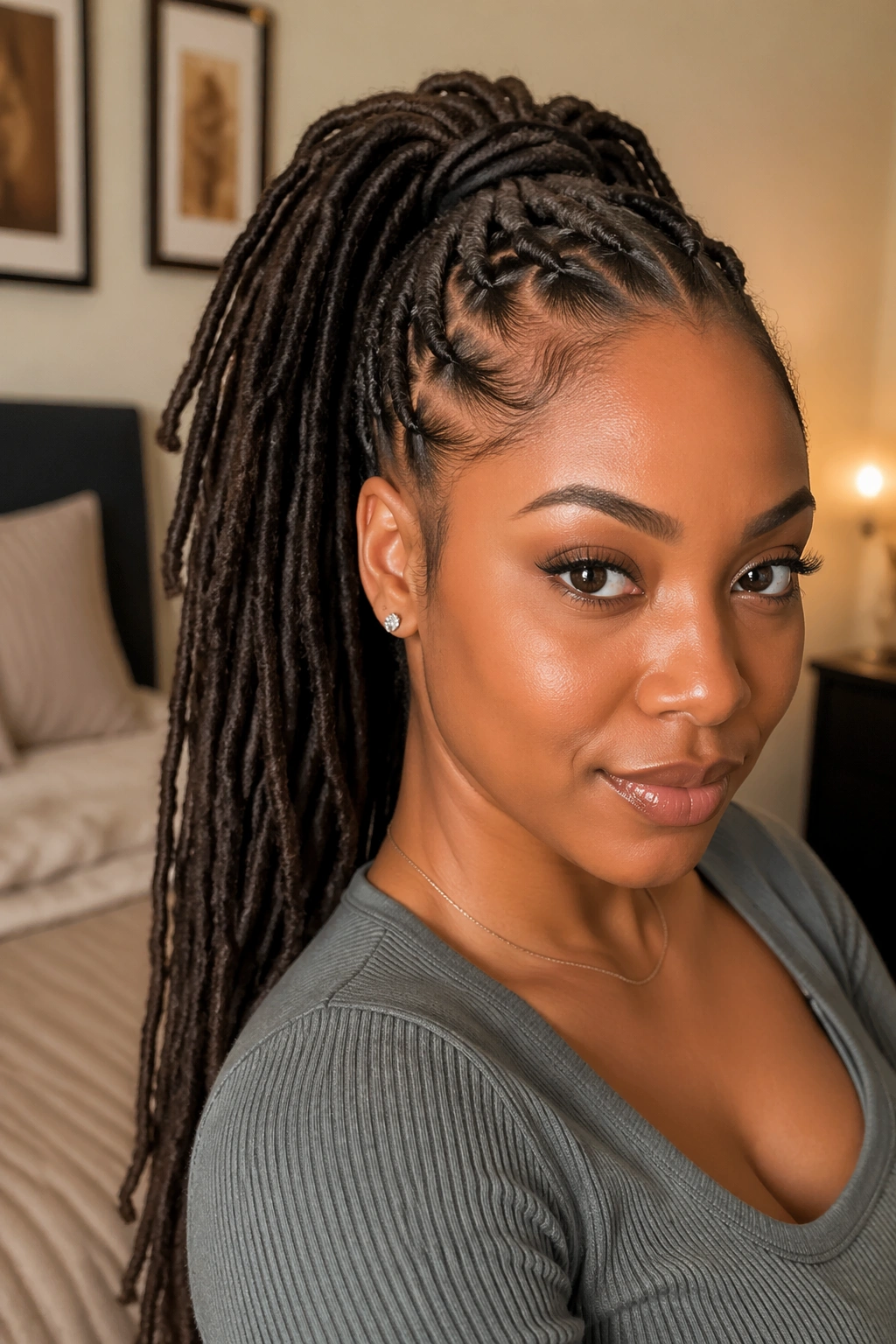 Close-up of a real woman with a braided-front ponytail, front braids feeding into a high ponytail in a softly lit bedroom