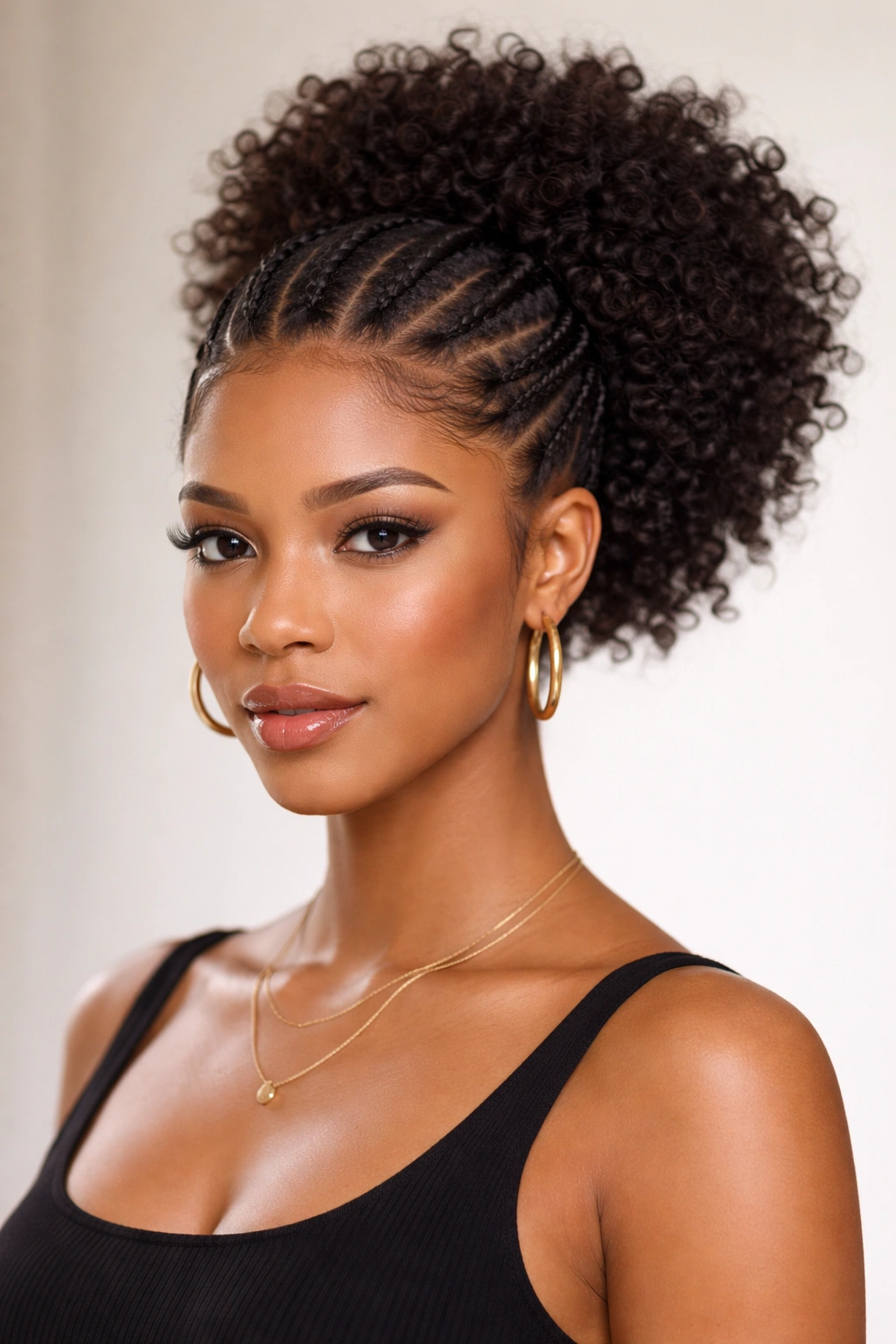 Front braided front with a high curly puff at the back