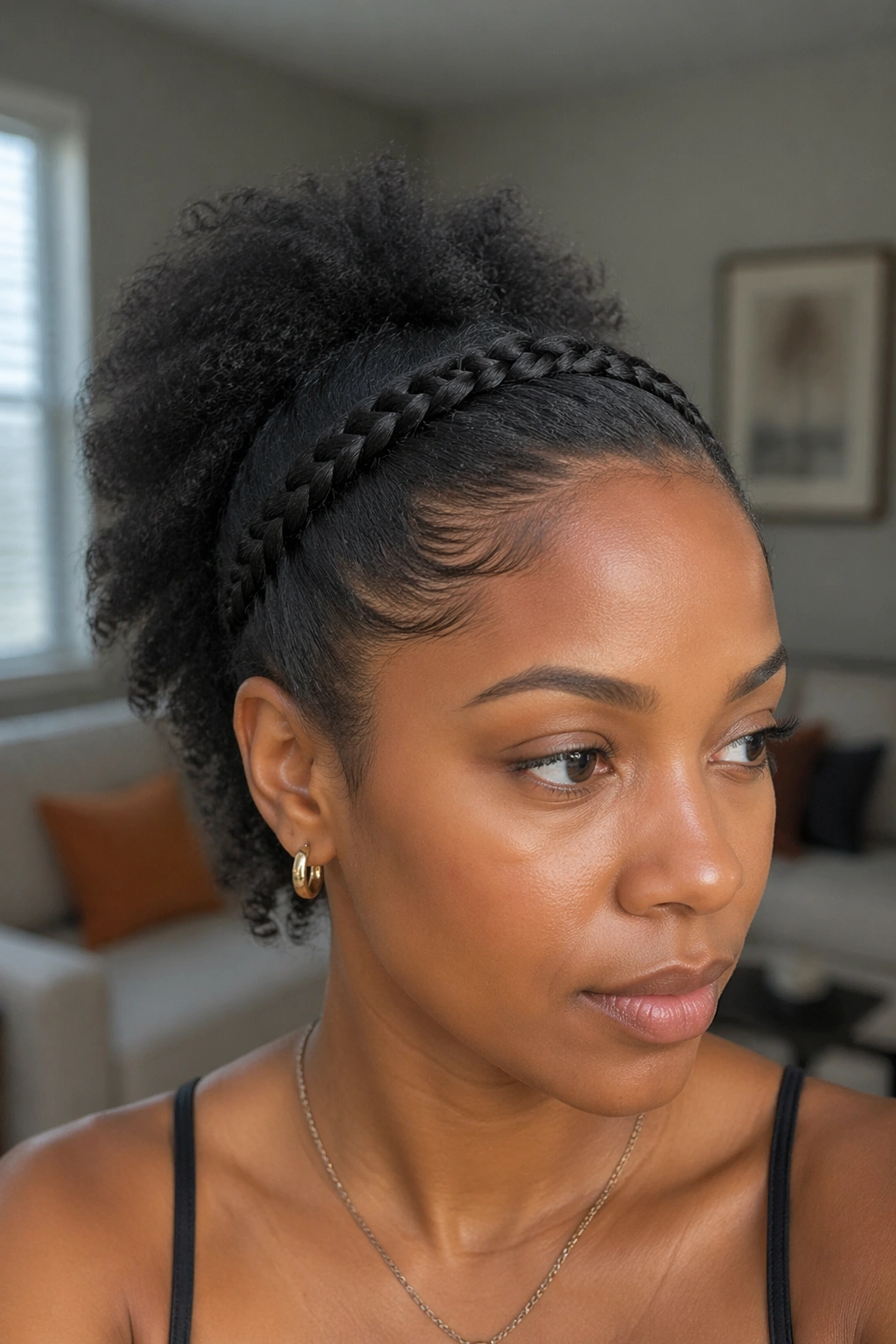 Close-up of a real woman with a braided front swoop and puff back in a living room setting.