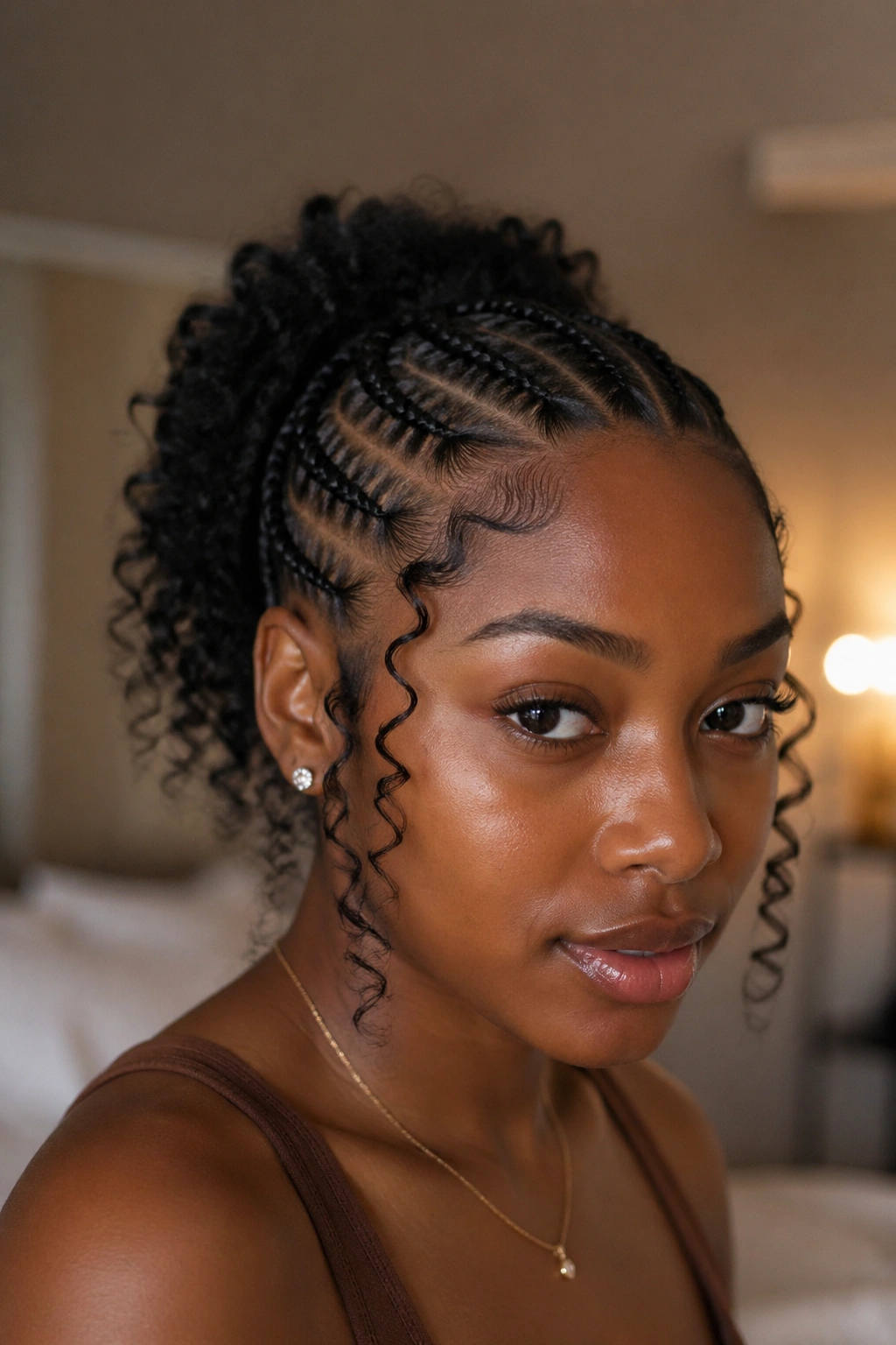 Close-up of braided front with curly tendrils at temples on a real person.